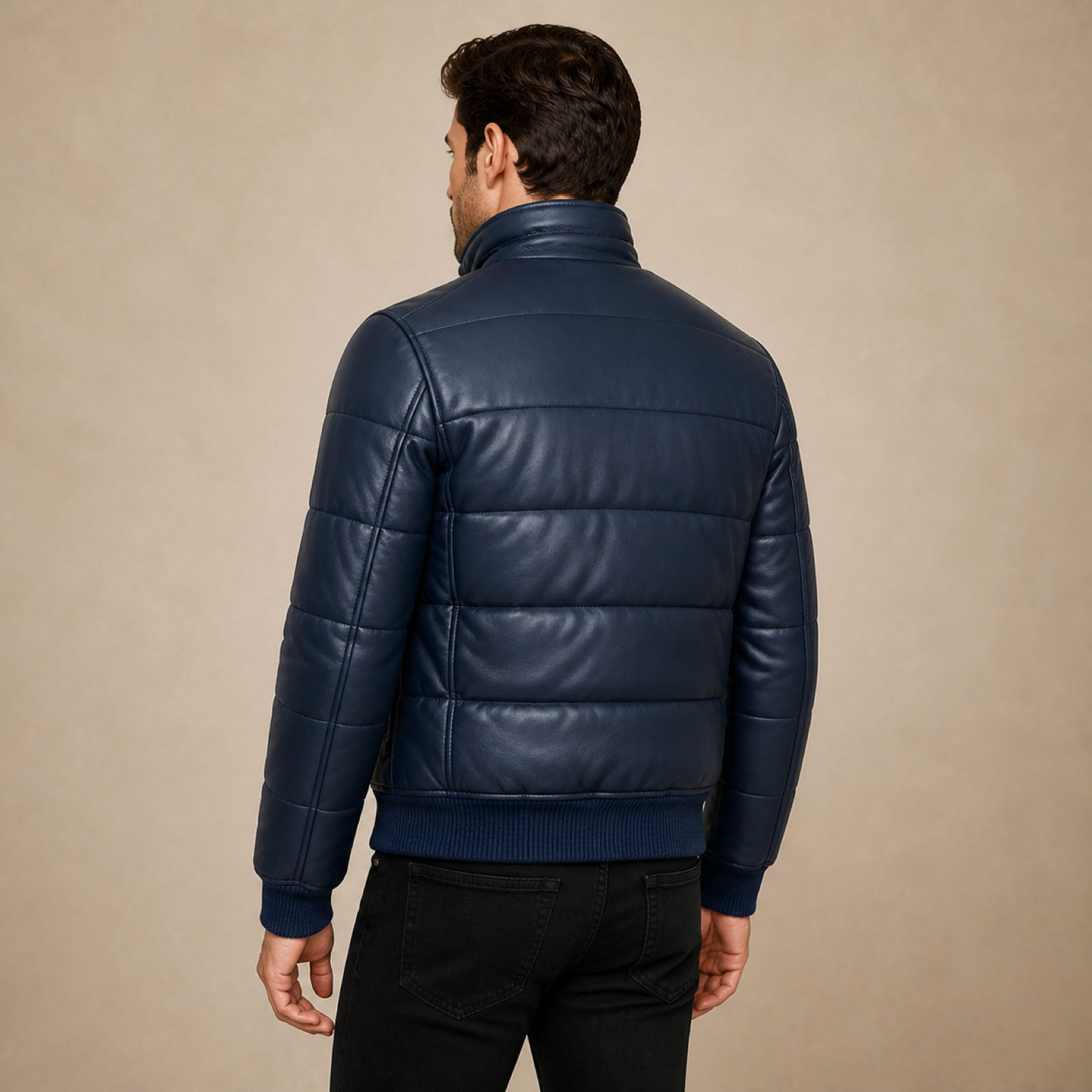 Men's Semi-Aniline Sheepskin Leather Puffer Bomber Jacket image 12
