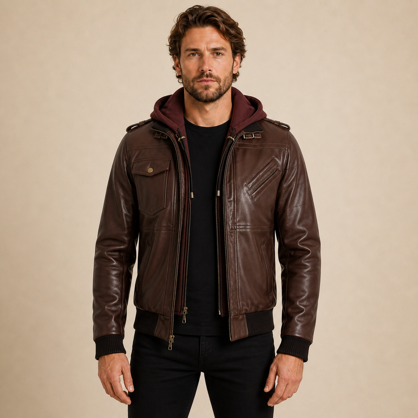 MOTOGRIP GEAR men's tall dark brown lambskin hooded bomber jacket model front view.