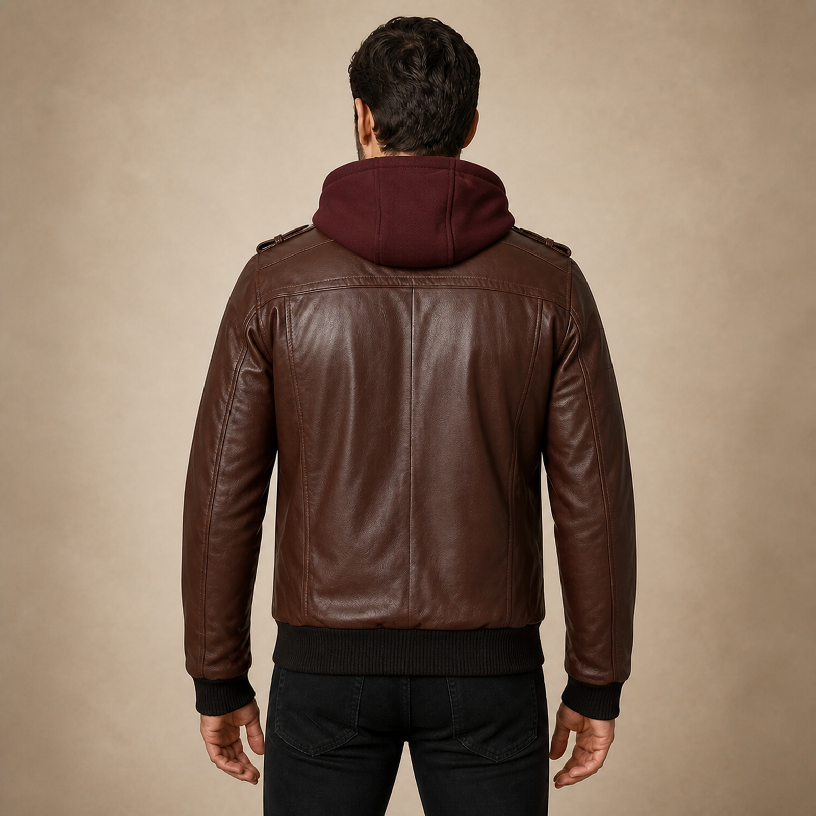 Men's Tall Dark Brown Lambskin Hooded Bomber Jacket image 2