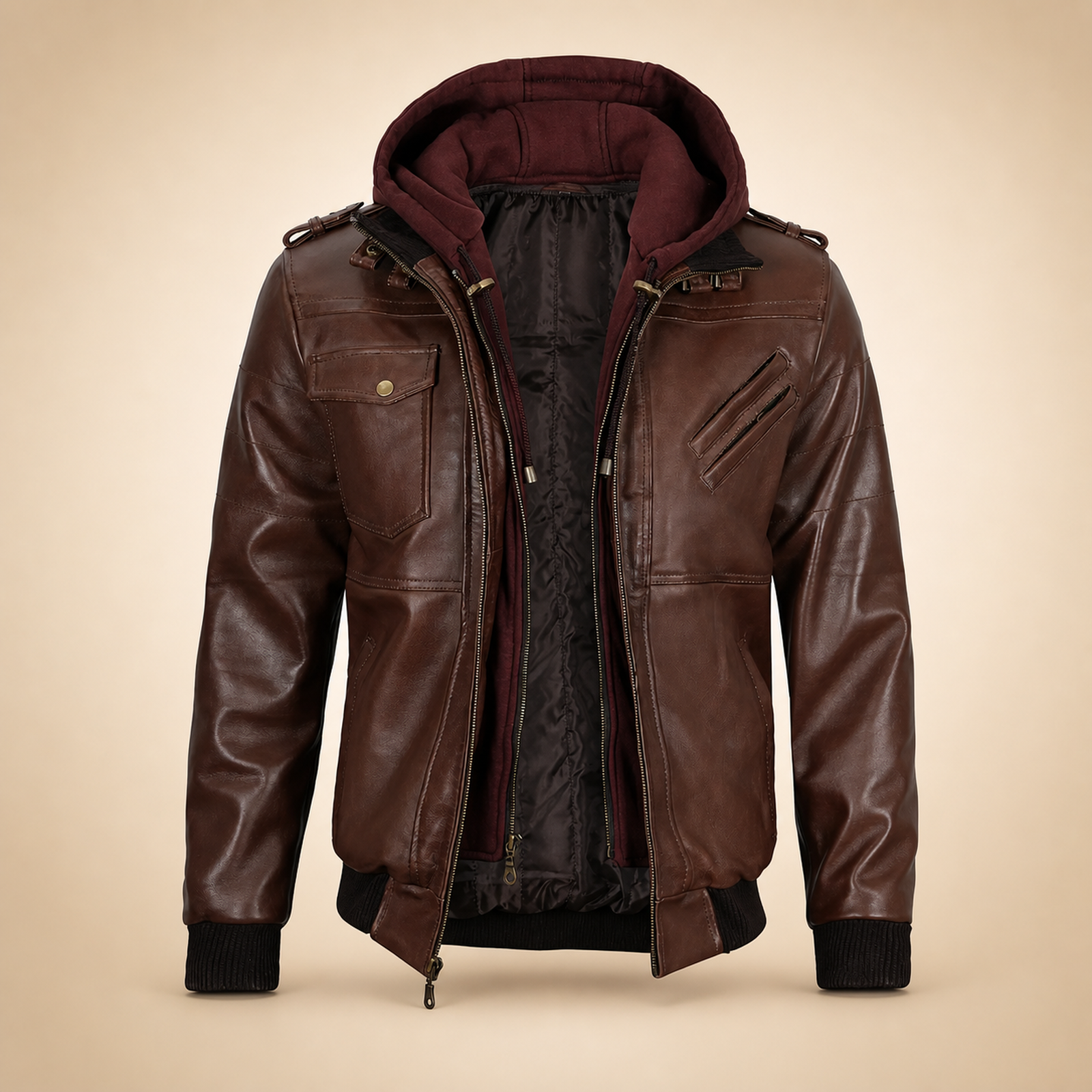 Men's Tall Dark Brown Lambskin Hooded Bomber Jacket image 3