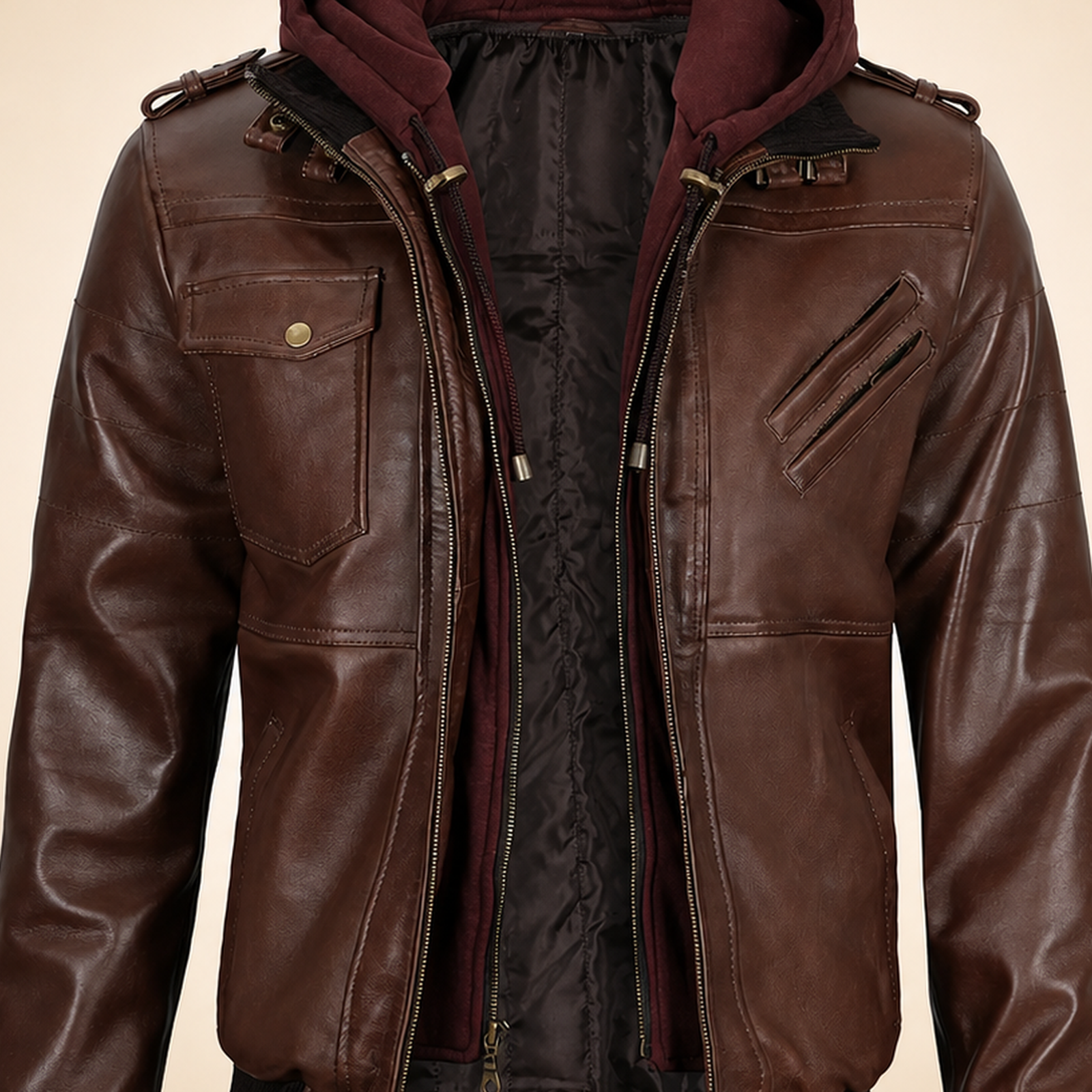 Men's Tall Dark Brown Lambskin Hooded Bomber Jacket image 5
