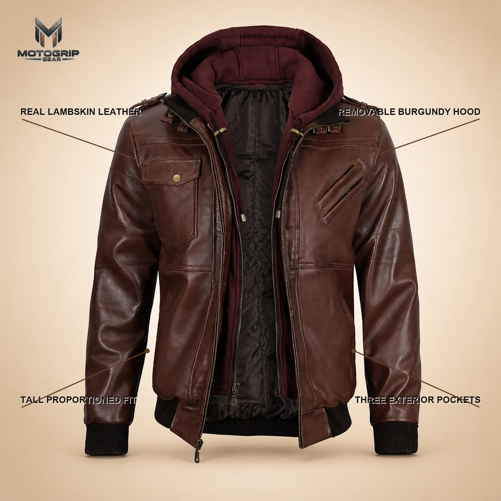 Men's Tall Dark Brown Lambskin Hooded Bomber Jacket image 6