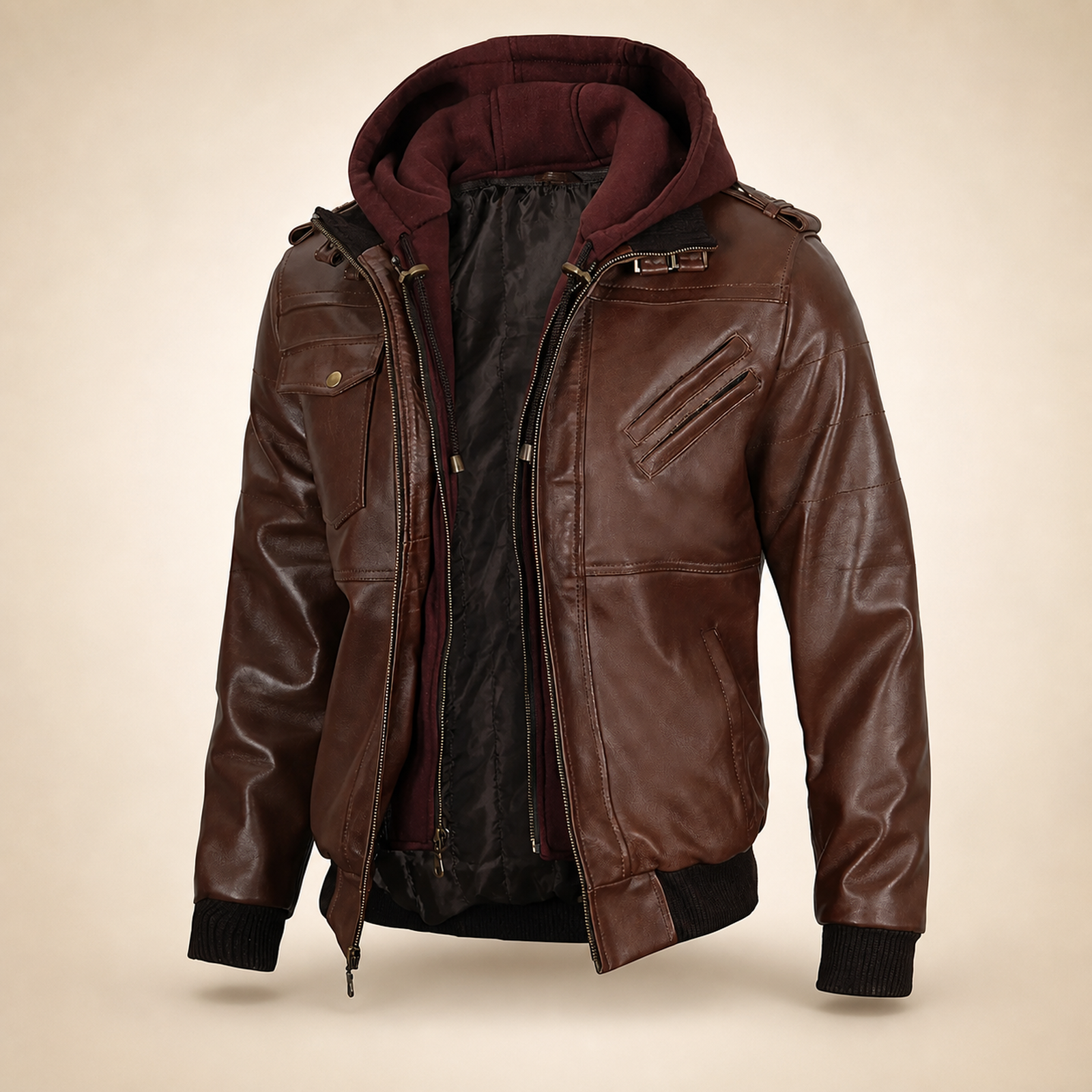 Men's Tall Dark Brown Lambskin Hooded Bomber Jacket image 7