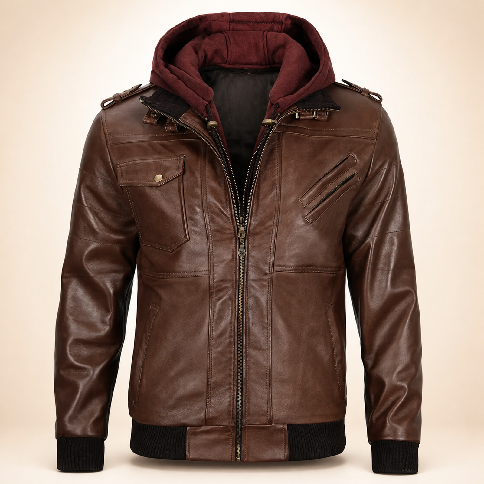 Men's Tall Dark Brown Lambskin Hooded Bomber Jacket image 9