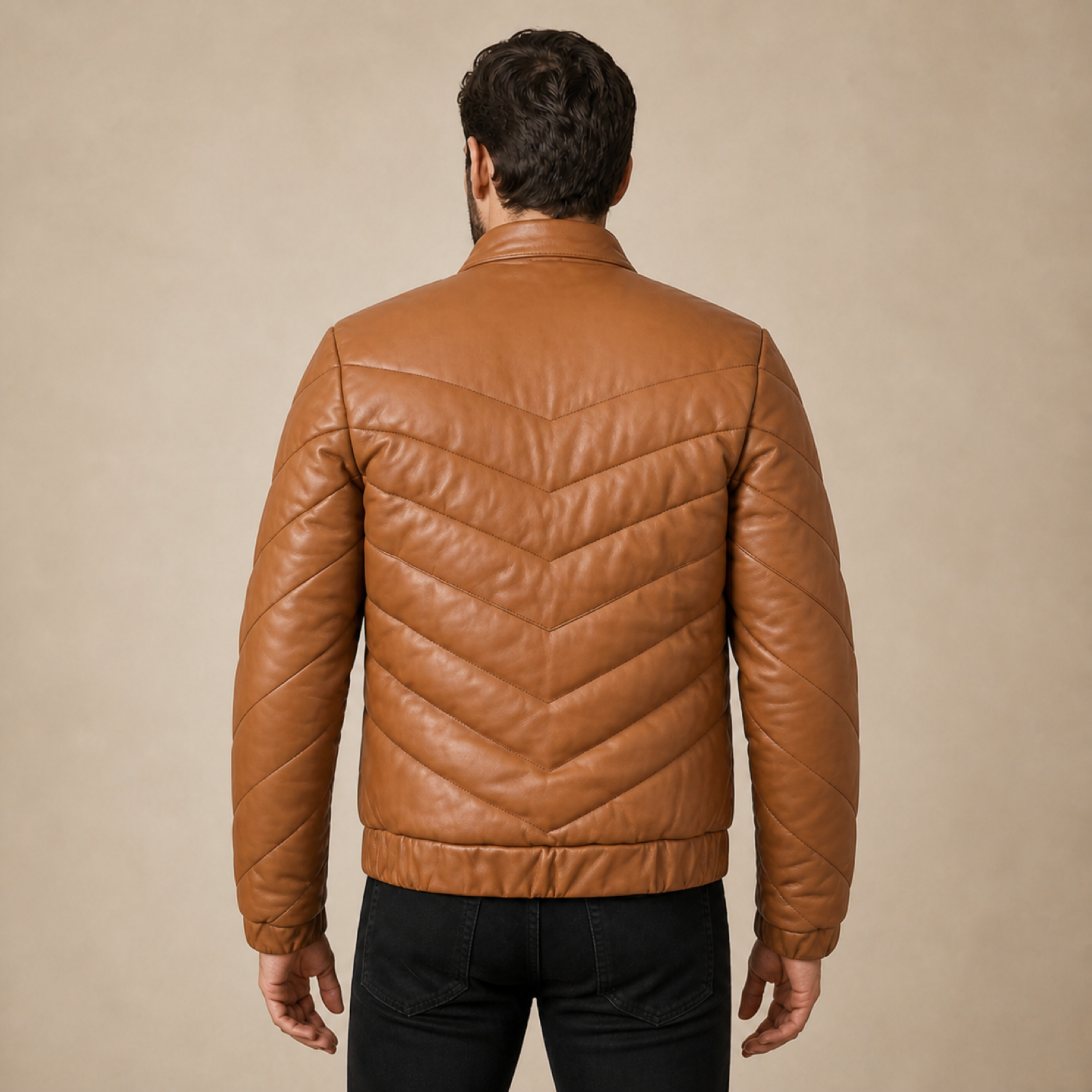Men's Tan Brown Chevron Quilted Sheepskin Leather Puffer Jacket image 2