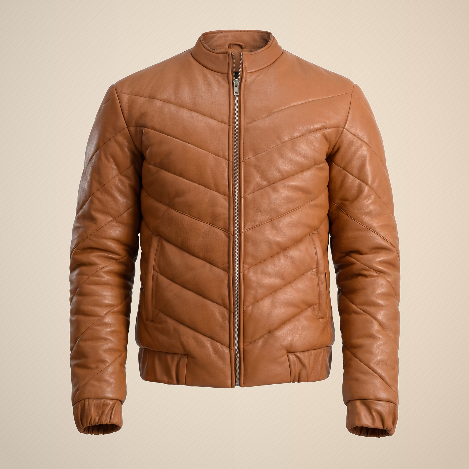 Men's Tan Brown Chevron Quilted Sheepskin Leather Puffer Jacket image 3