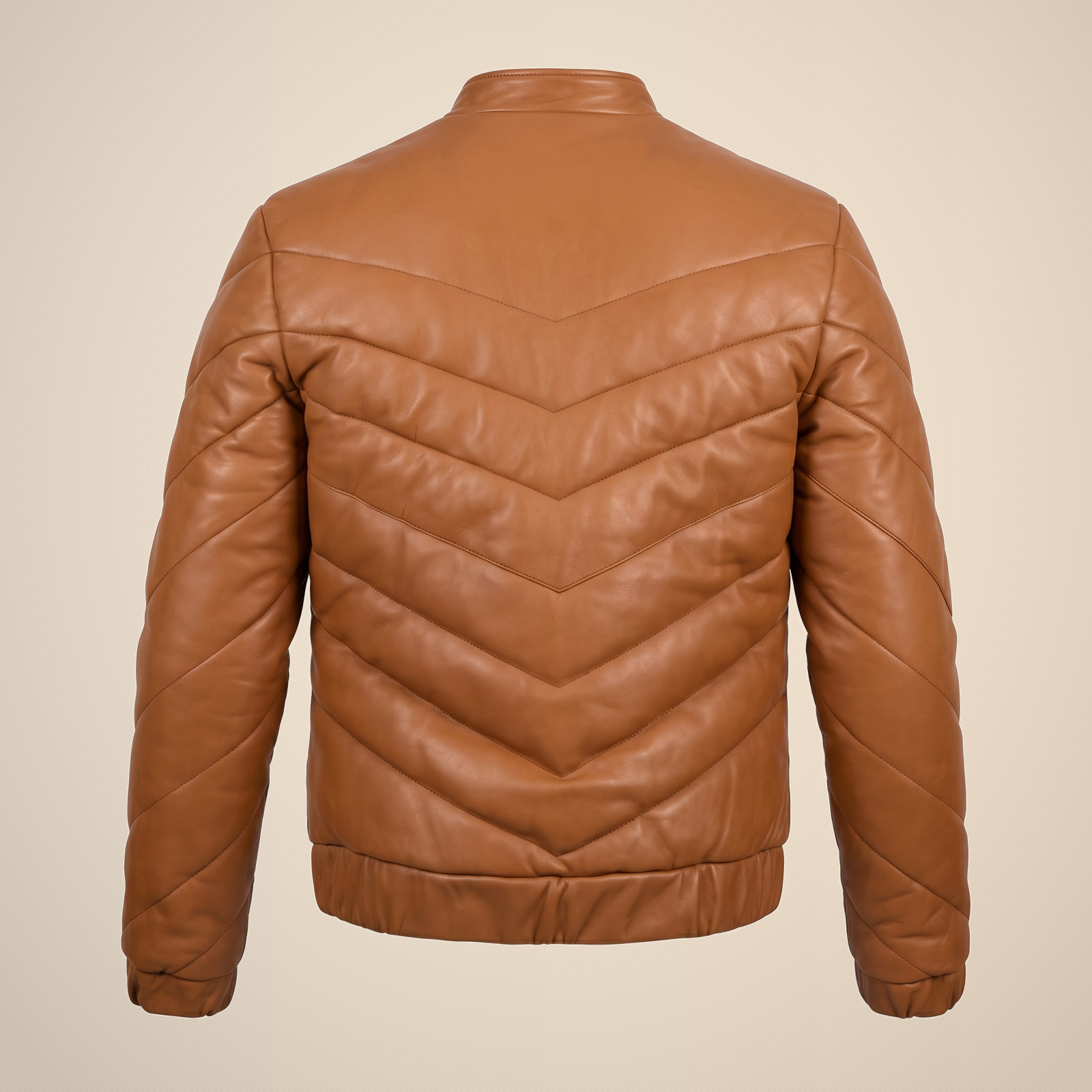 Men's Tan Brown Chevron Quilted Sheepskin Leather Puffer Jacket image 4