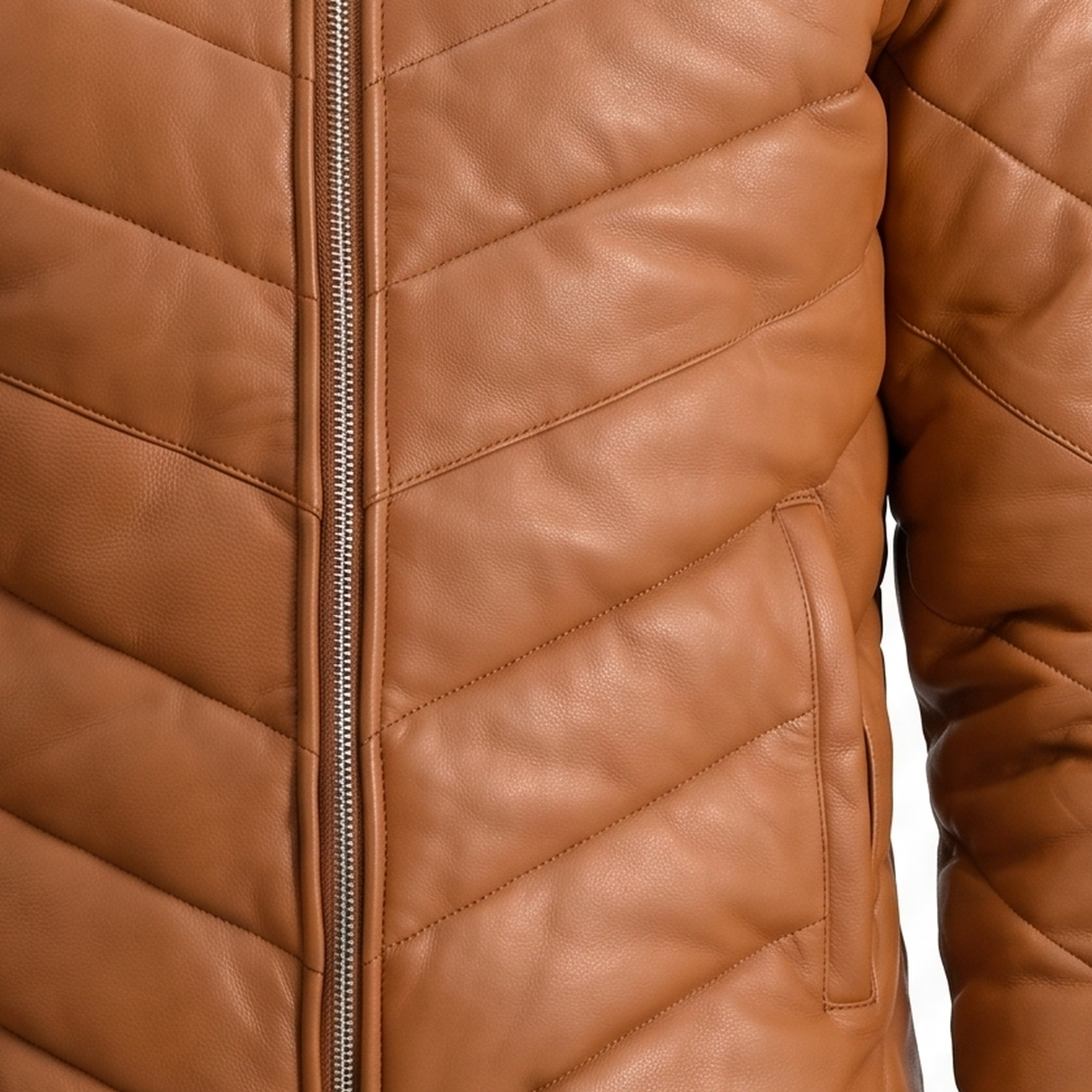 Men's Tan Brown Chevron Quilted Sheepskin Leather Puffer Jacket image 5