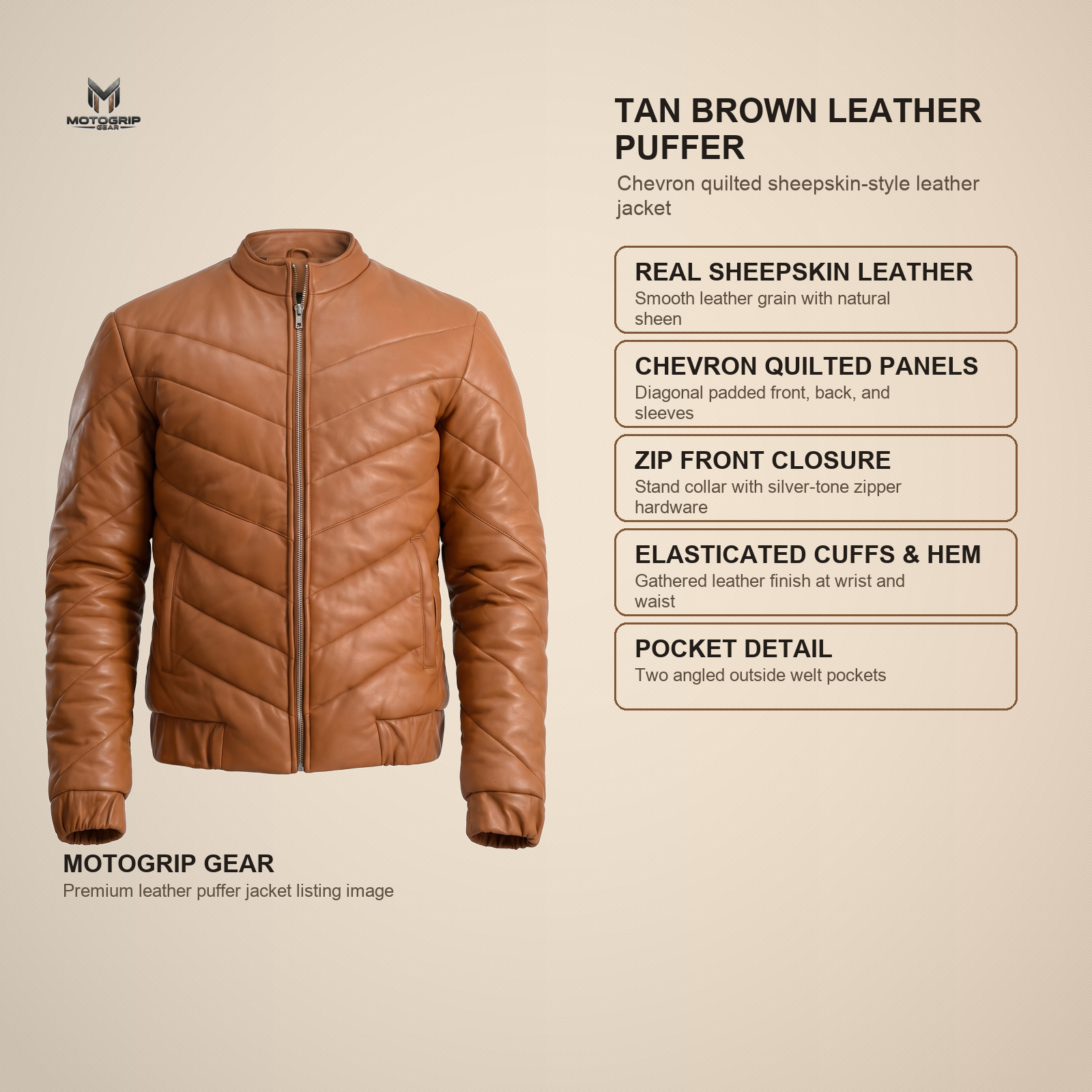 Men's Tan Brown Chevron Quilted Sheepskin Leather Puffer Jacket image 6