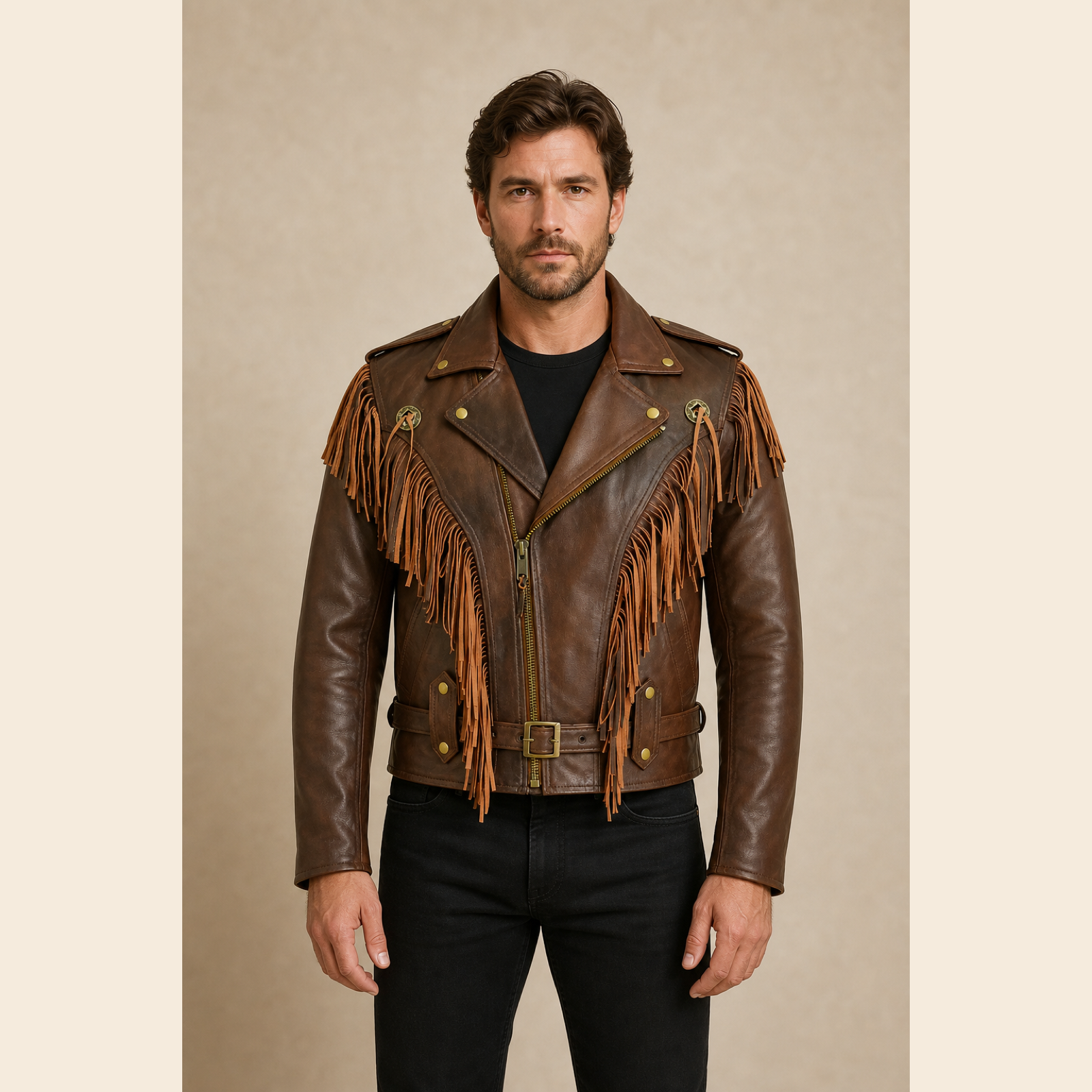 Man wearing a brown Western fringe sheepskin leather biker jacket from the front.