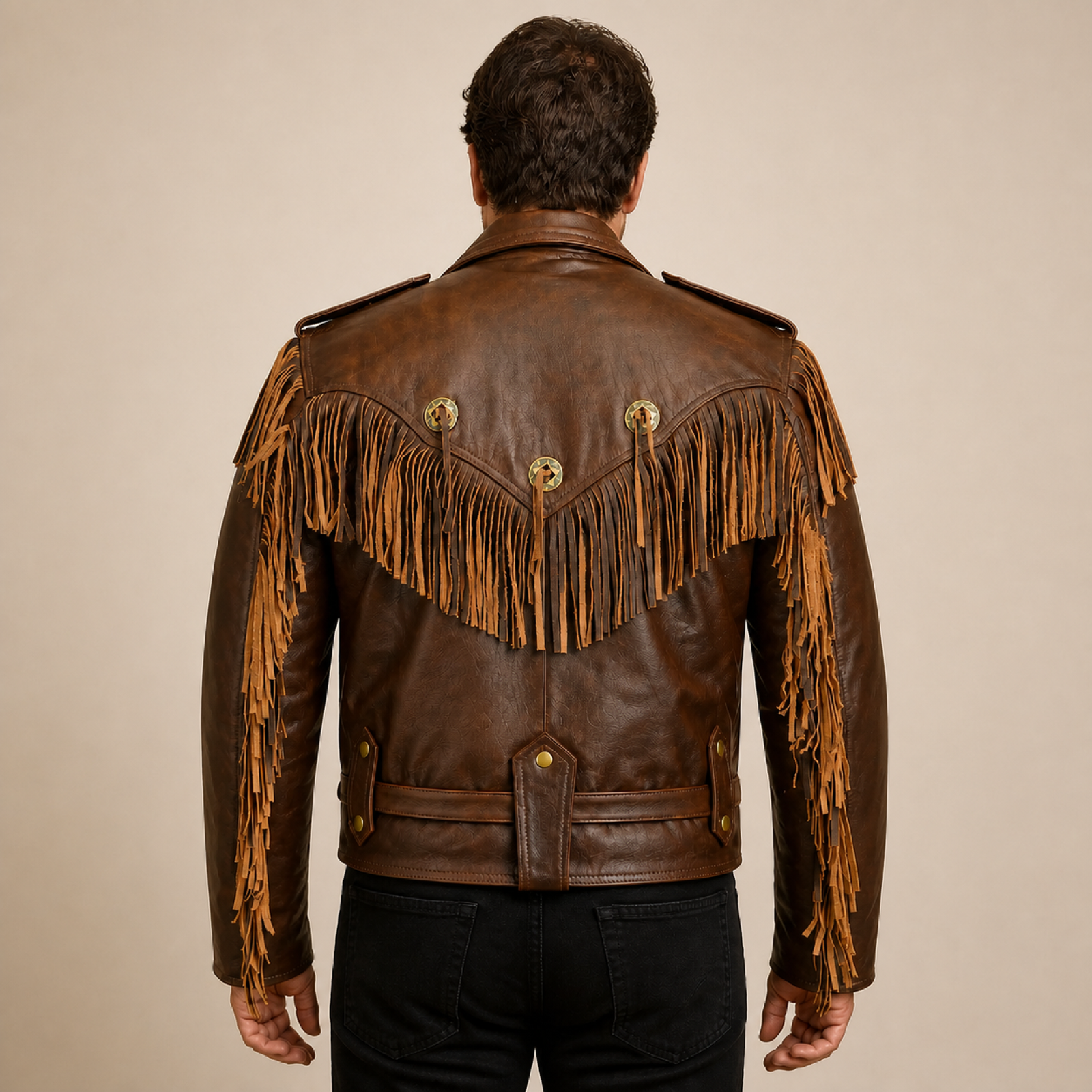 Men's Brown Western Fringe Sheepskin Leather Jacket image 2