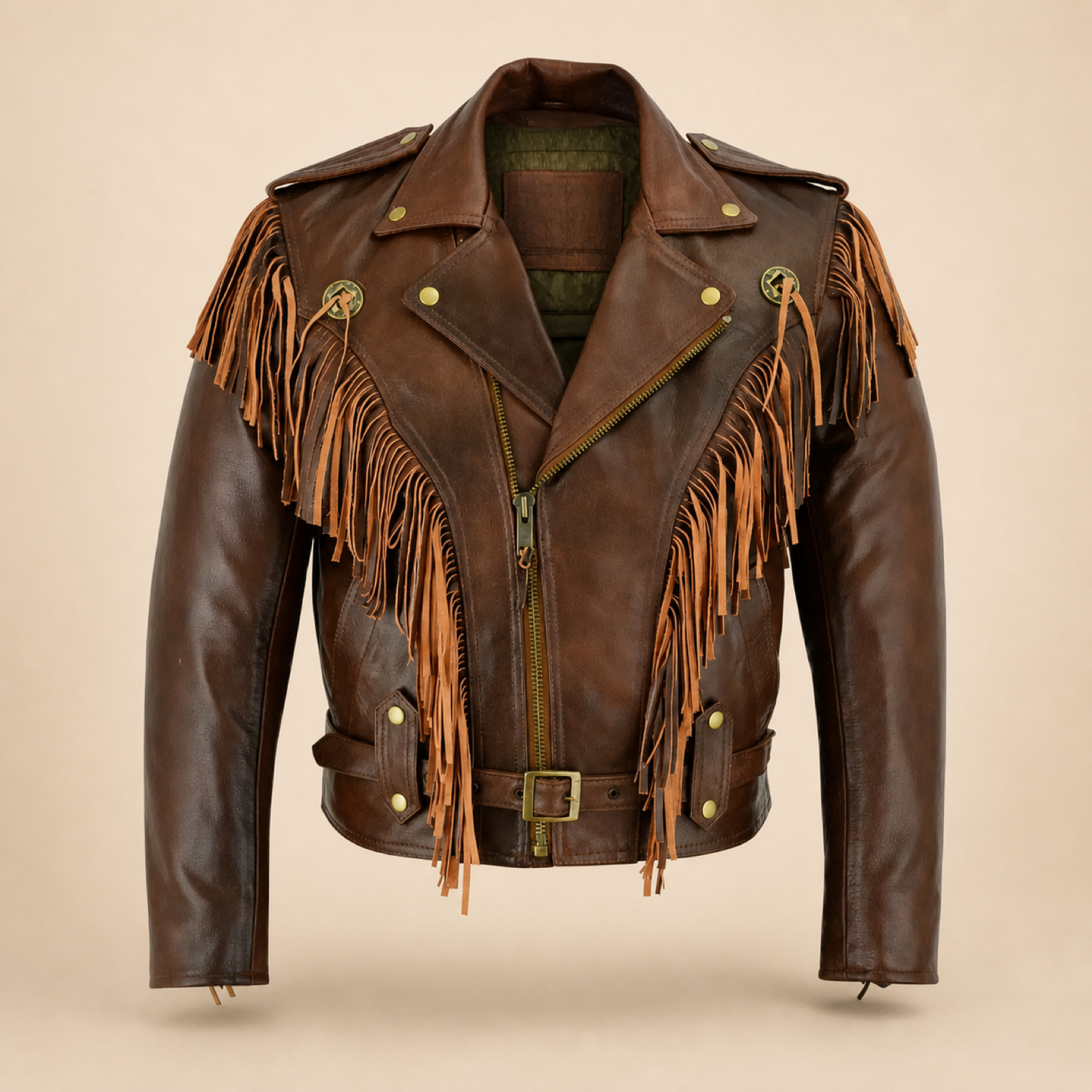 Men's Brown Western Fringe Sheepskin Leather Jacket image 3