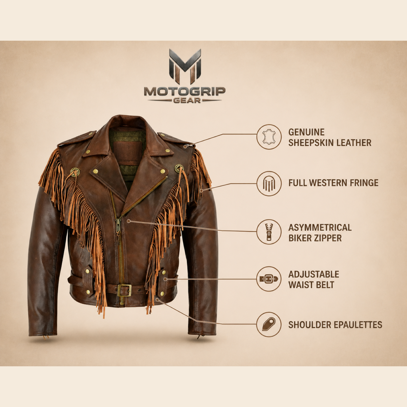 Men's Brown Western Fringe Sheepskin Leather Jacket image 6