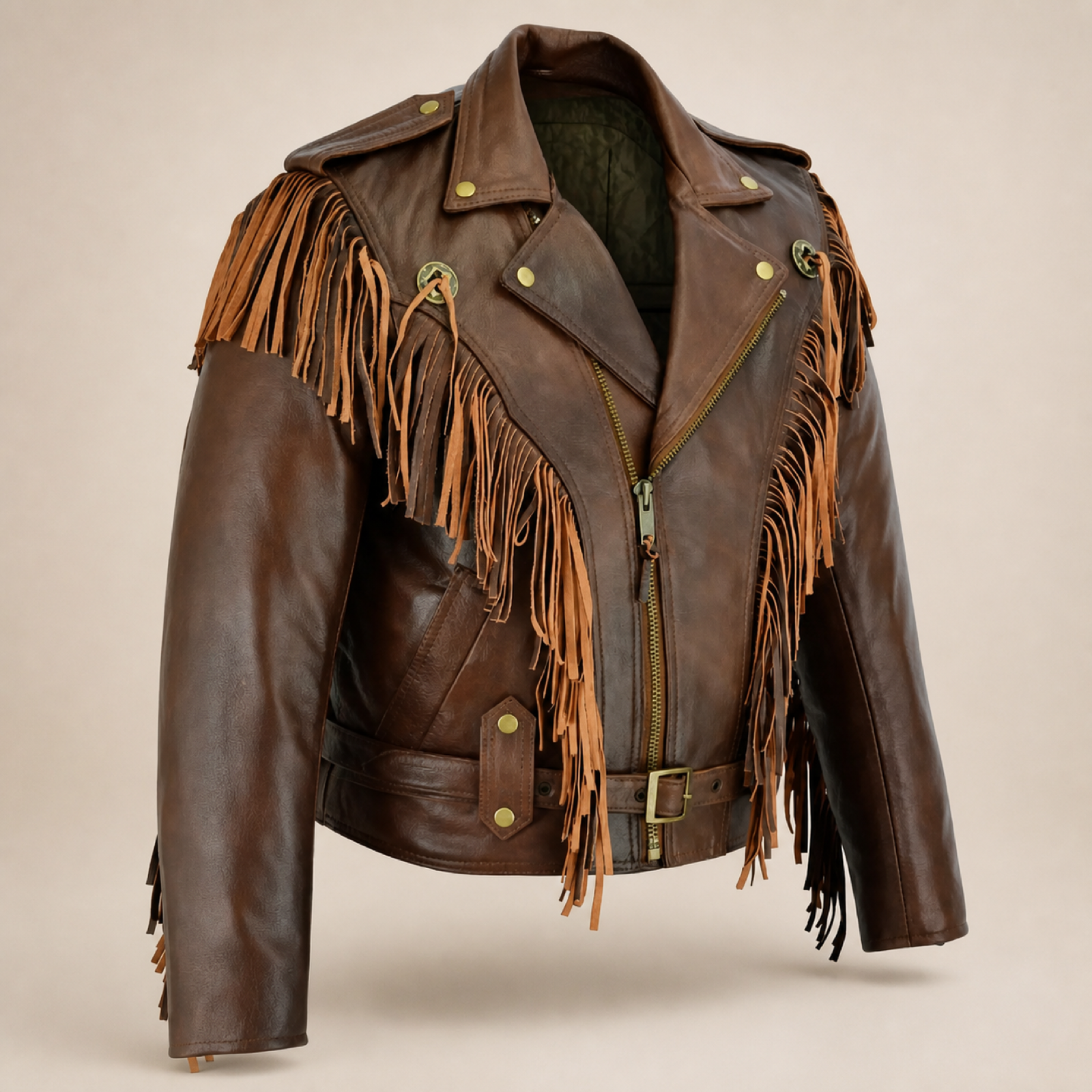 Men's Brown Western Fringe Sheepskin Leather Jacket image 7
