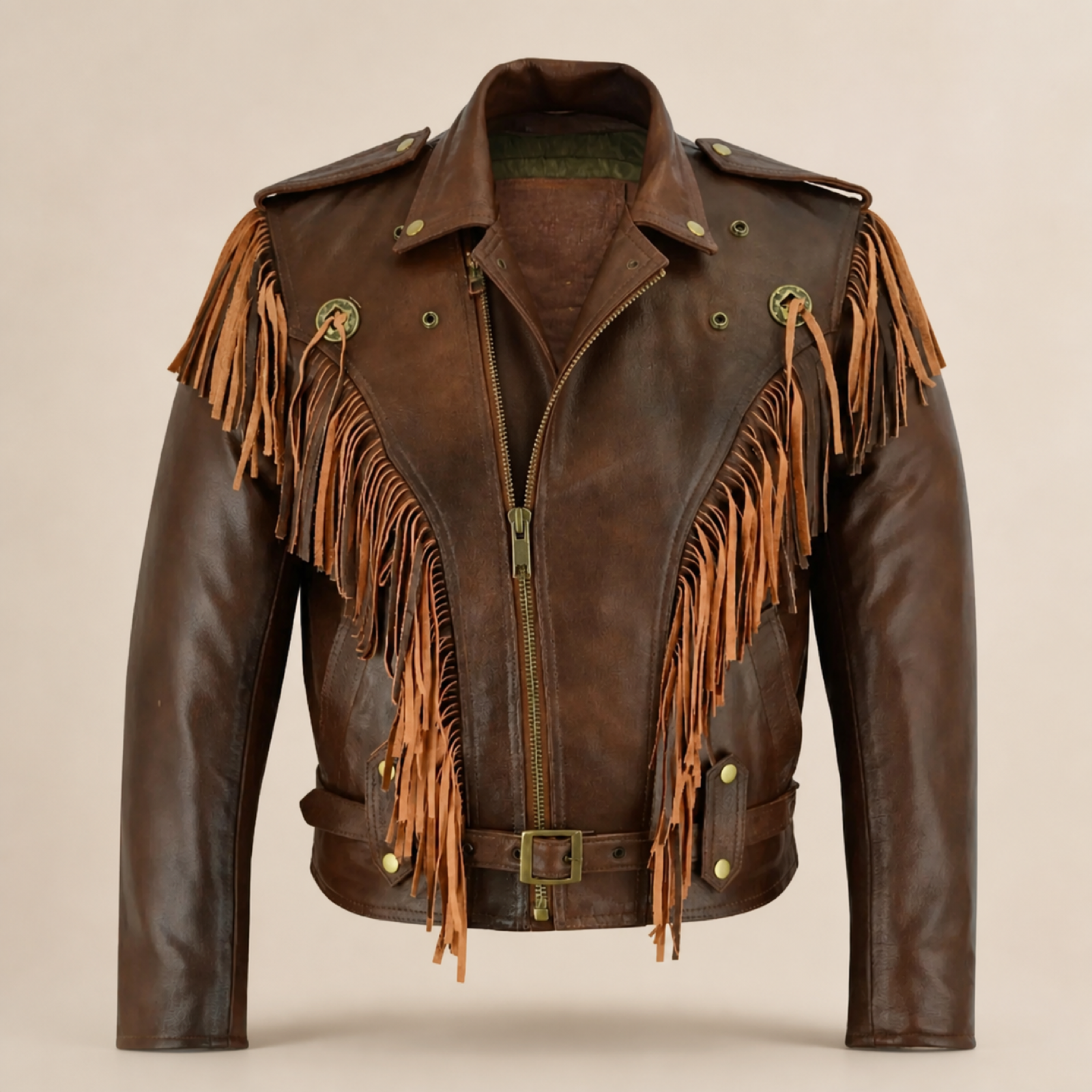 Men's Brown Western Fringe Sheepskin Leather Jacket image 8