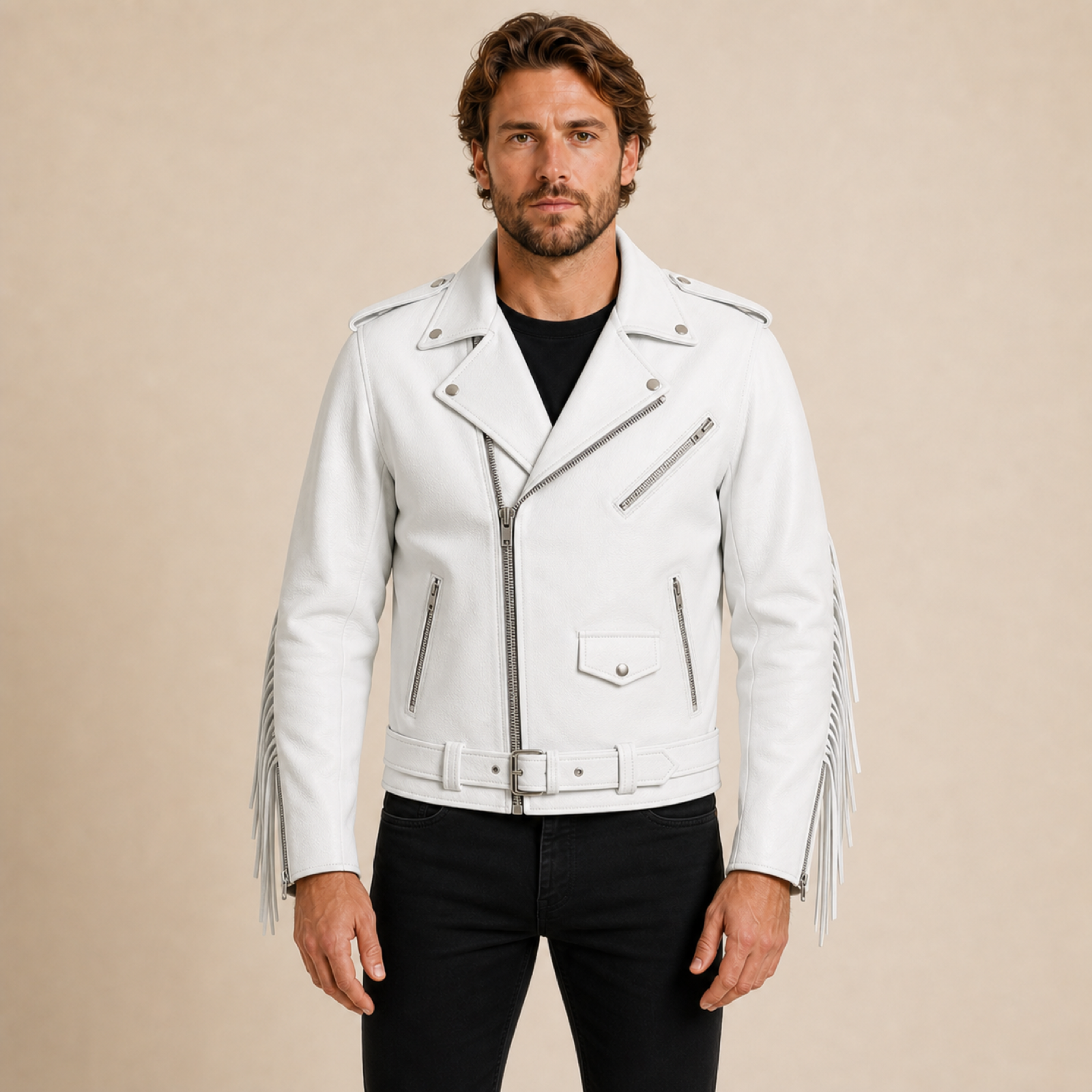 Man wearing a white fringe cowhide leather biker jacket from the front.