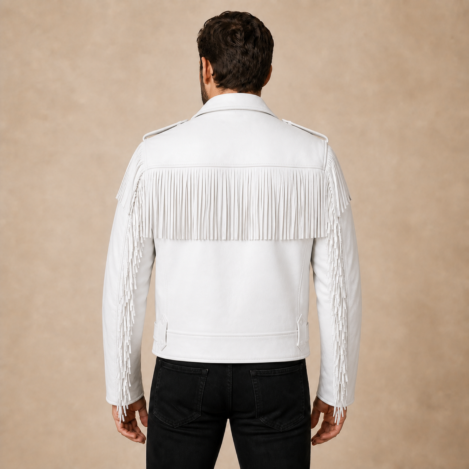 Men's White Fringe Cowhide Leather Biker Jacket image 2