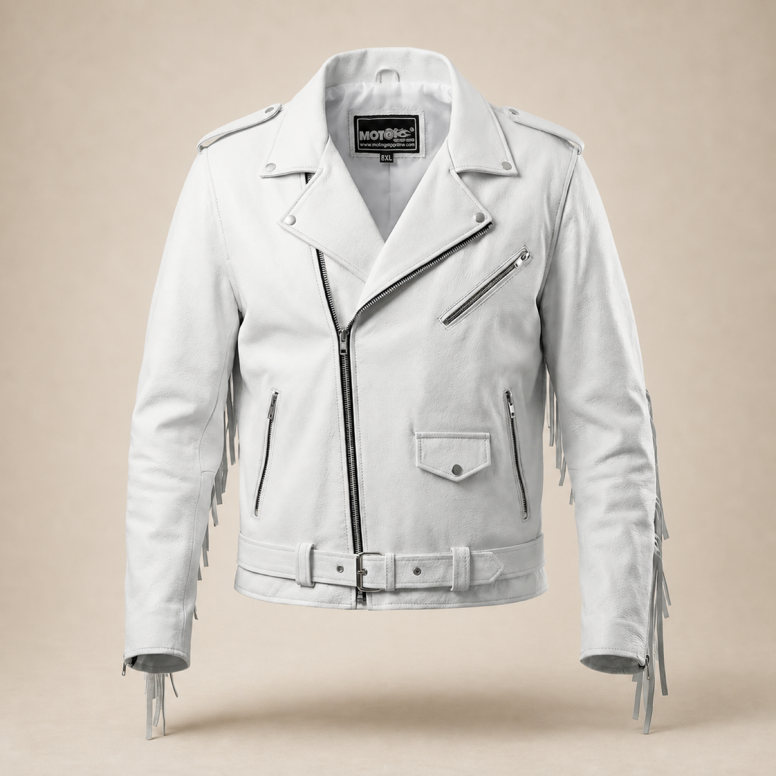 Men's White Fringe Cowhide Leather Biker Jacket image 3
