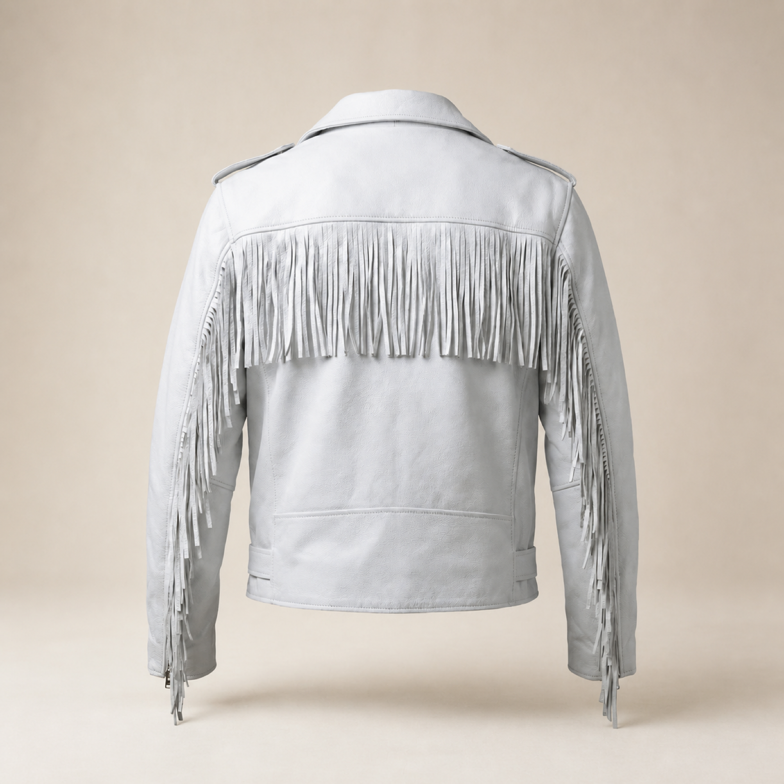 Men's White Fringe Cowhide Leather Biker Jacket image 4