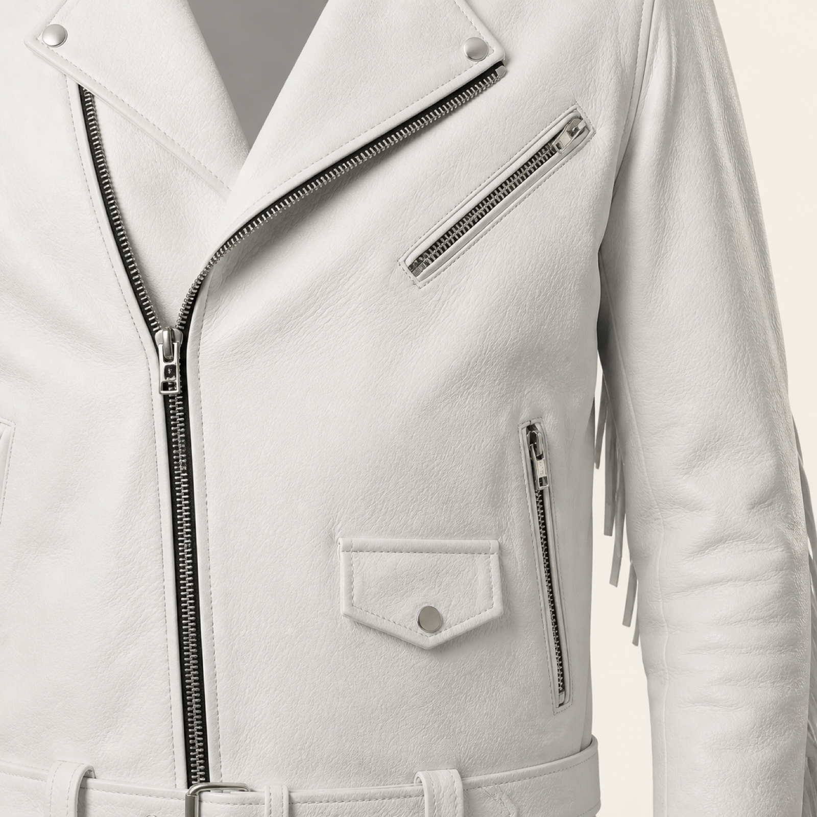 Men's White Fringe Cowhide Leather Biker Jacket image 5