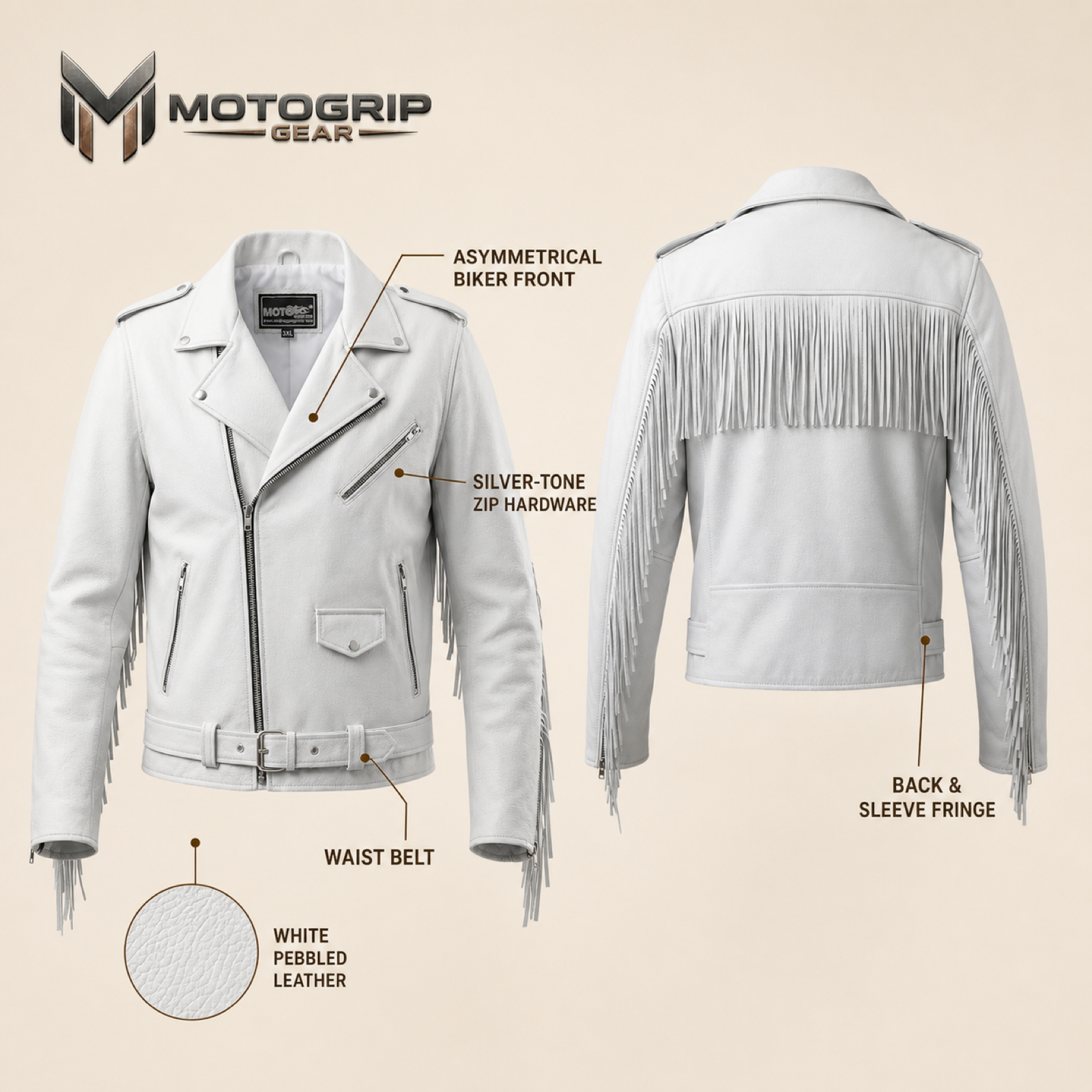 Men's White Fringe Cowhide Leather Biker Jacket image 6