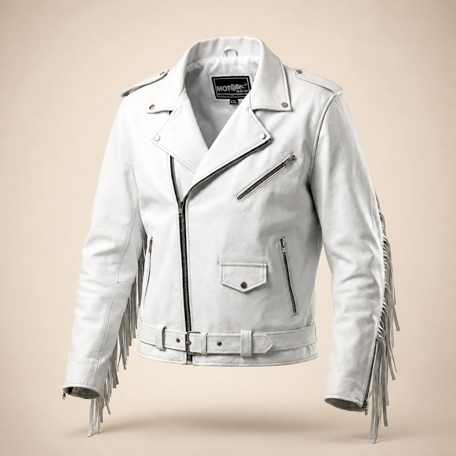 Men's White Fringe Cowhide Leather Biker Jacket image 7