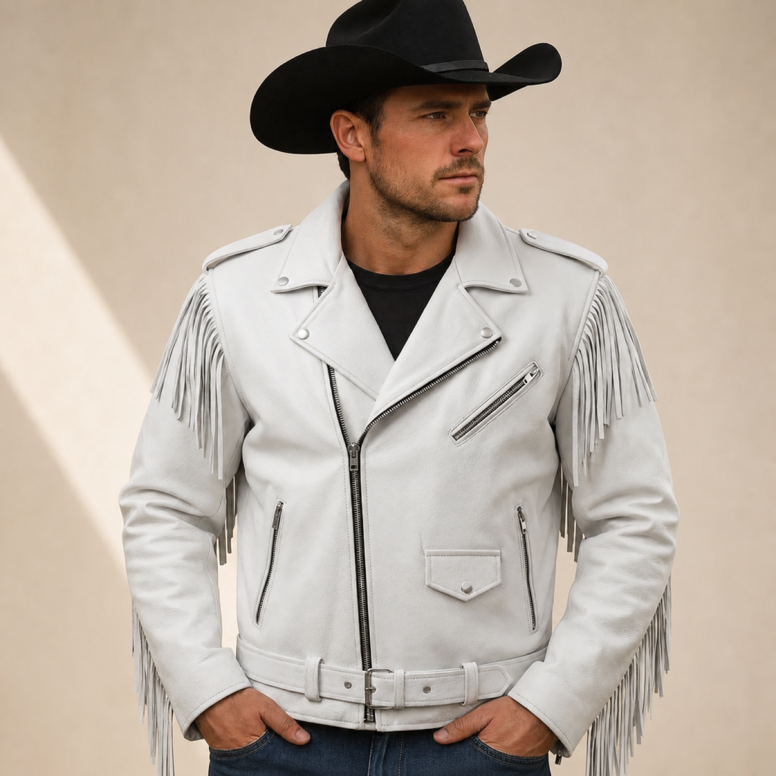 Men's White Fringe Cowhide Leather Biker Jacket image 8