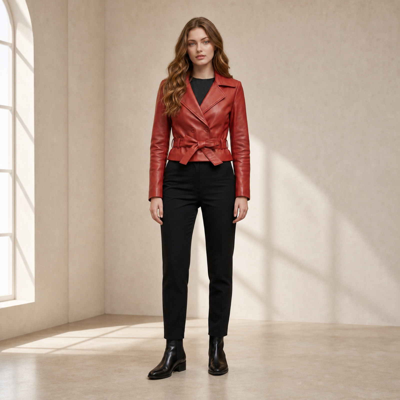 Woman wearing a red lambskin cropped trench jacket, front view