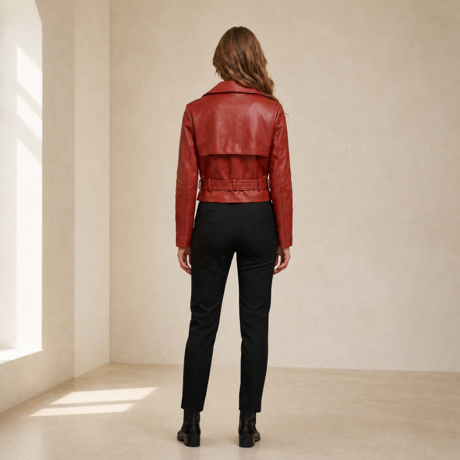 Women's Red Lambskin Cropped Trench Jacket image 2