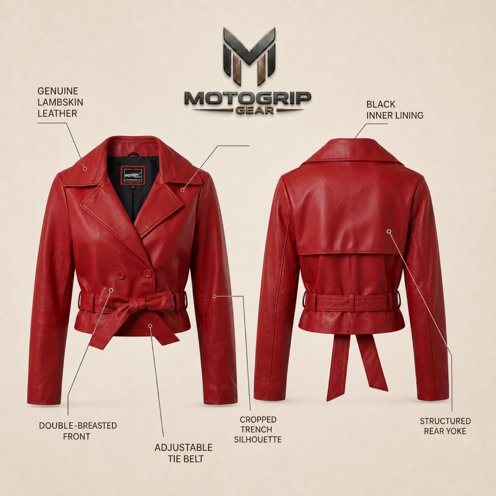 Women's Red Lambskin Cropped Trench Jacket image 7