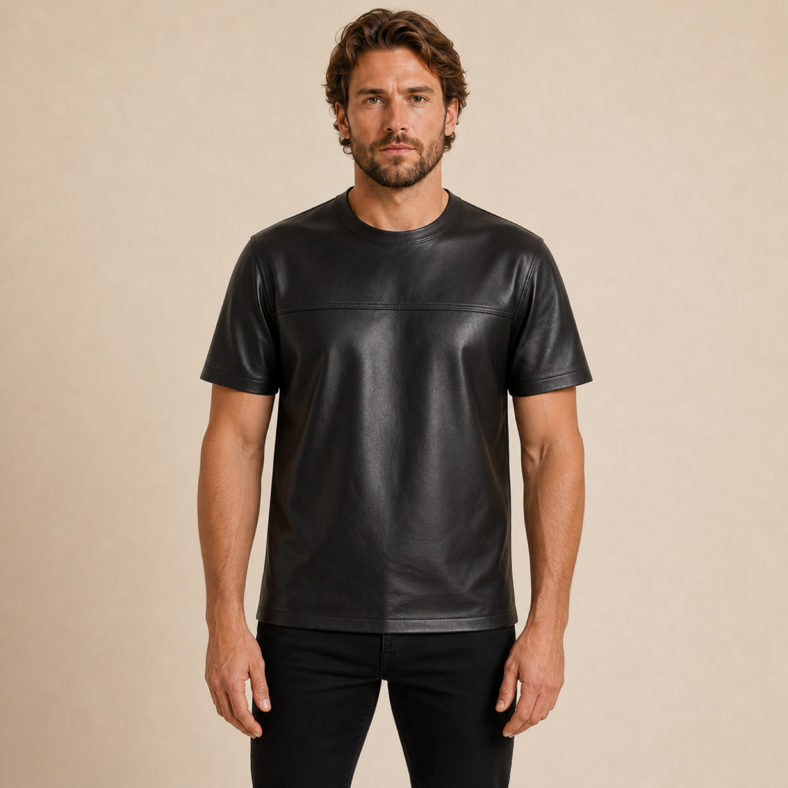 Front view of a man wearing a MOTOGRIP GEAR black lambskin leather crew-neck T-shirt.