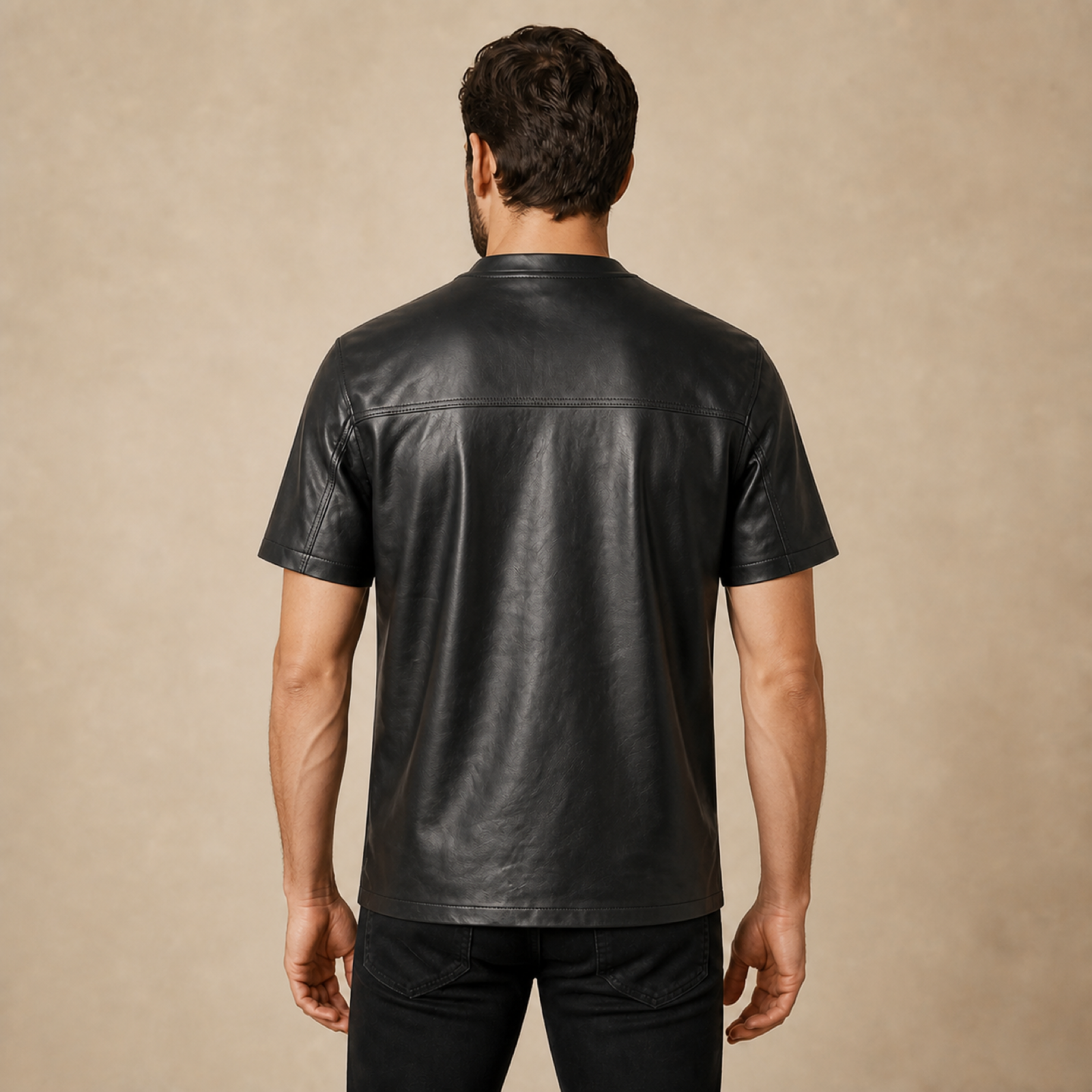 Men's Genuine Lambskin Leather Biker T-Shirt — Black image 2