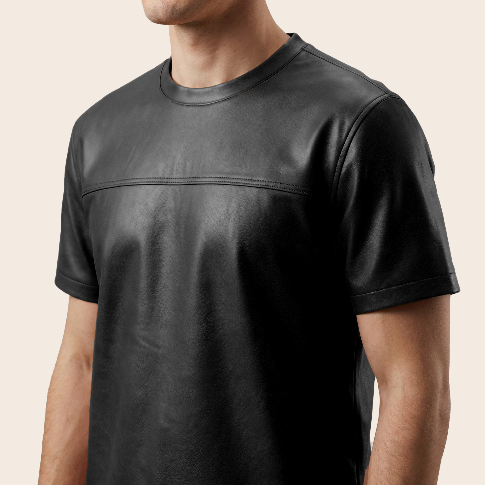 Men's Genuine Lambskin Leather Biker T-Shirt — Black image 5