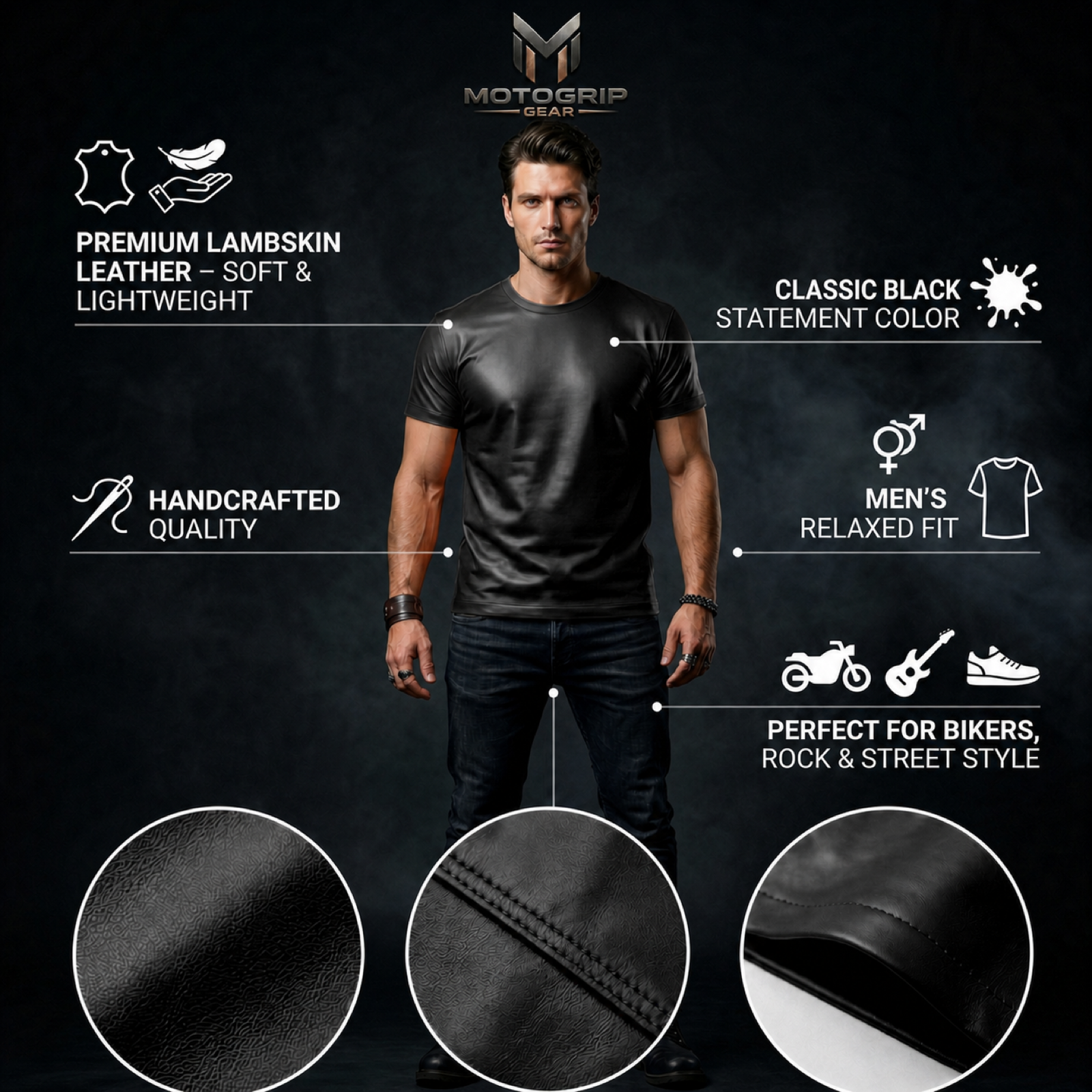 Men's Genuine Lambskin Leather Biker T-Shirt — Black image 6