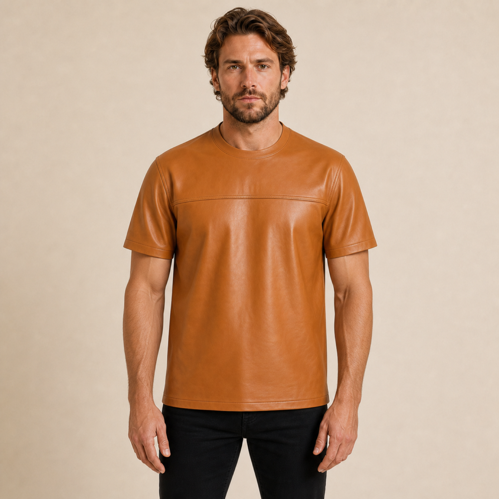 Front view of a man wearing a MOTOGRIP GEAR orange lambskin leather crew-neck T-shirt.