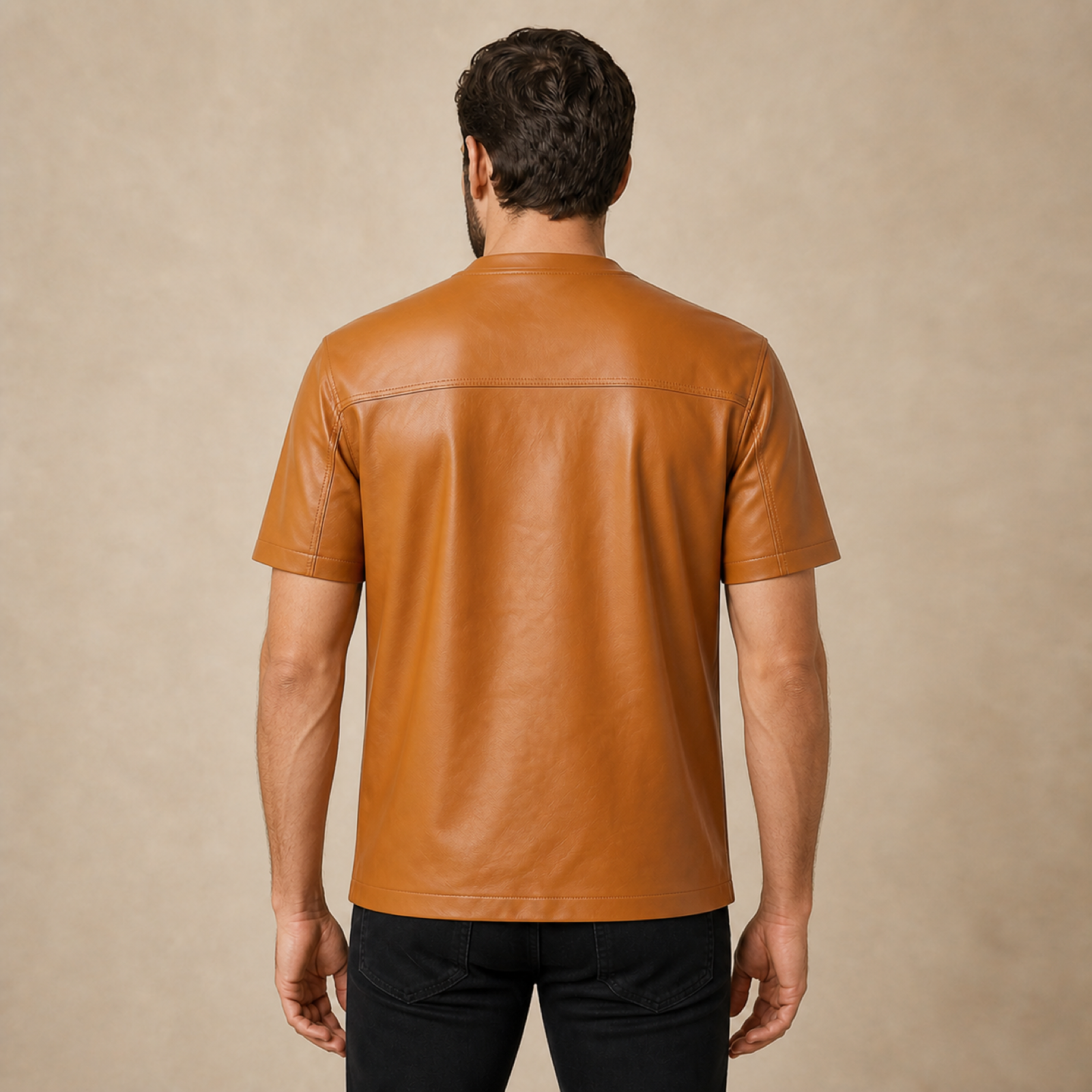 Men's Genuine Lambskin Leather Biker T-Shirt — Orange image 2