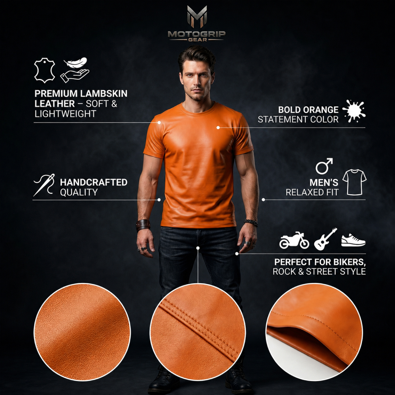 Men's Genuine Lambskin Leather Biker T-Shirt — Orange image 6