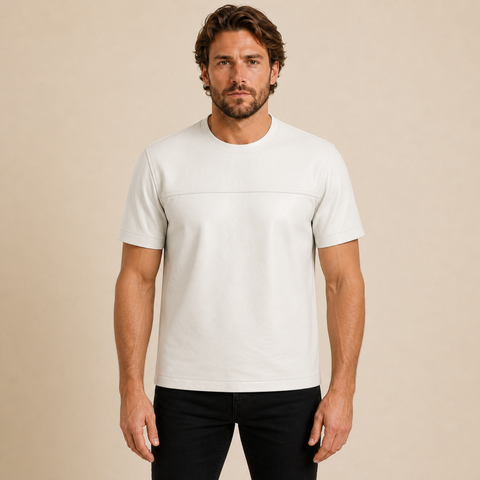 Front view of a man wearing a MOTOGRIP GEAR white lambskin leather crew-neck T-shirt.