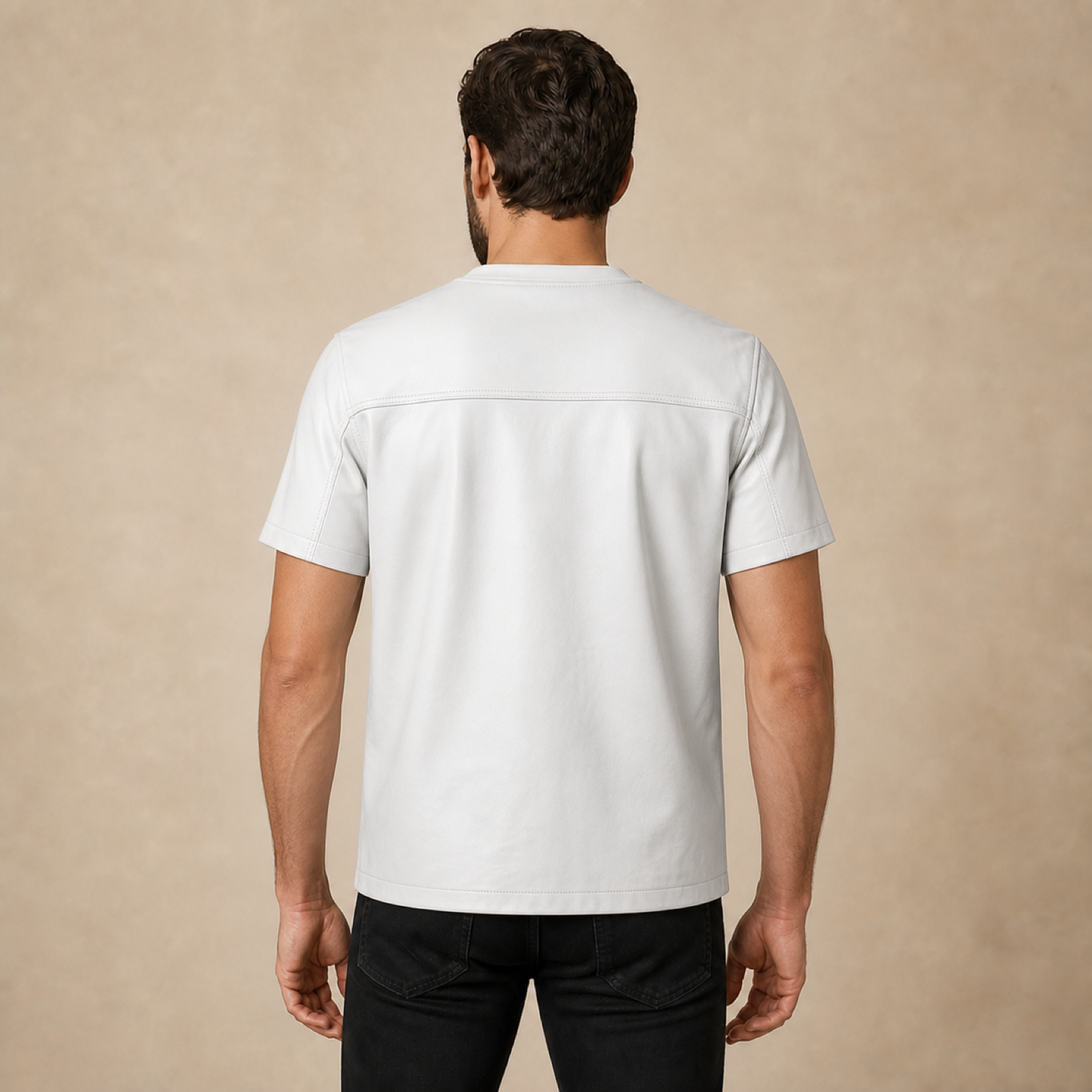 Men's Genuine Lambskin Leather Biker T-Shirt — White image 2