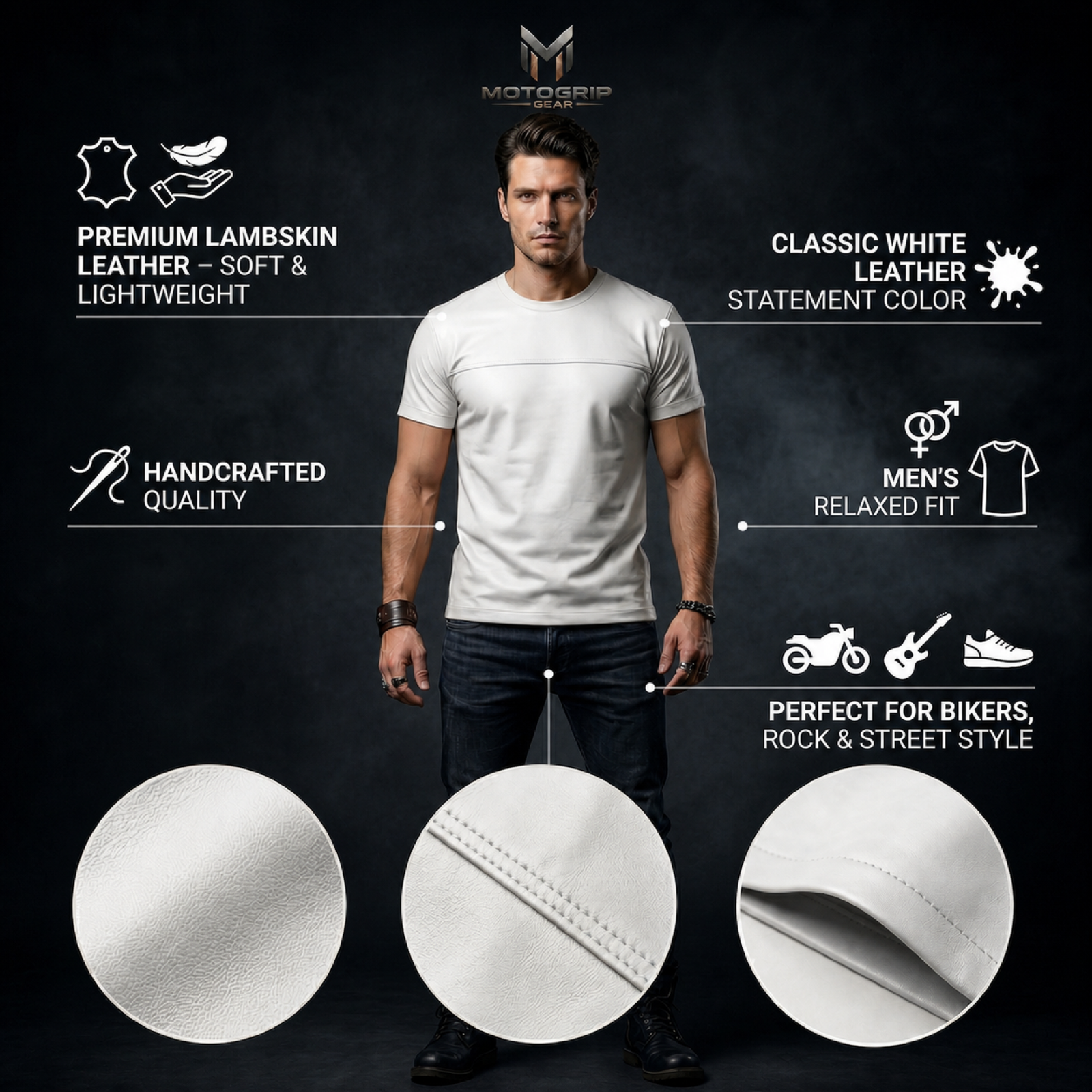 Men's Genuine Lambskin Leather Biker T-Shirt — White image 6