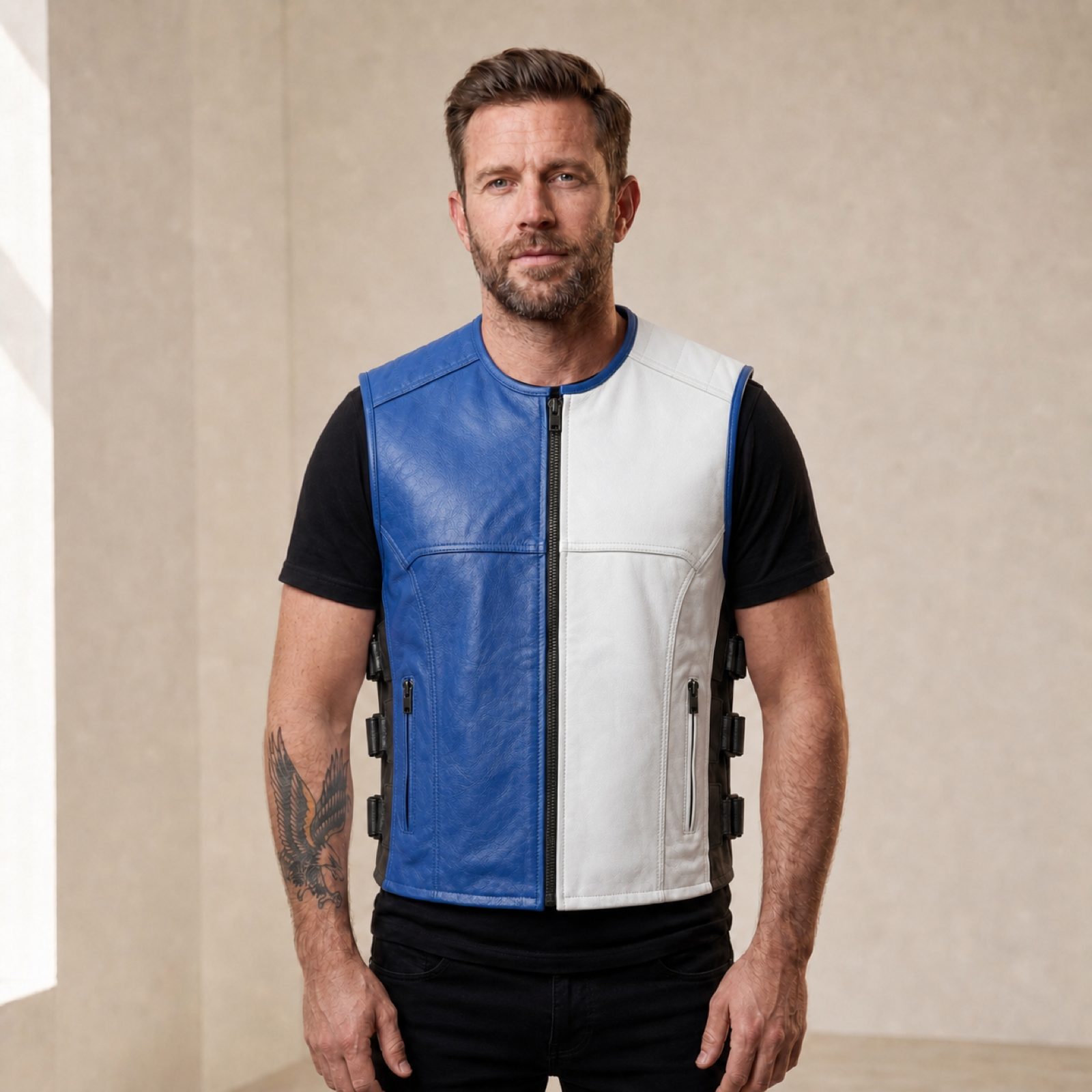 Man wearing a blue, white and black buckle-side cowhide leather motorcycle vest from the front.