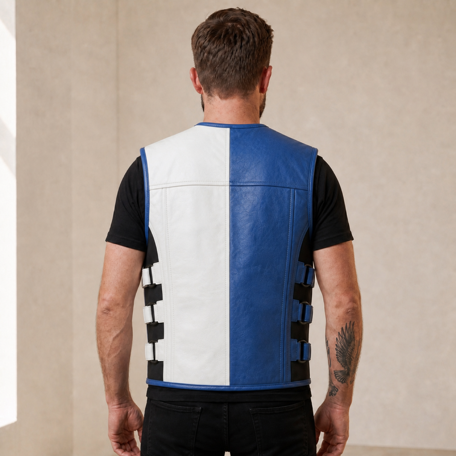 Men's Blue & White Buckle-Side Cowhide Leather Motorcycle Vest image 2