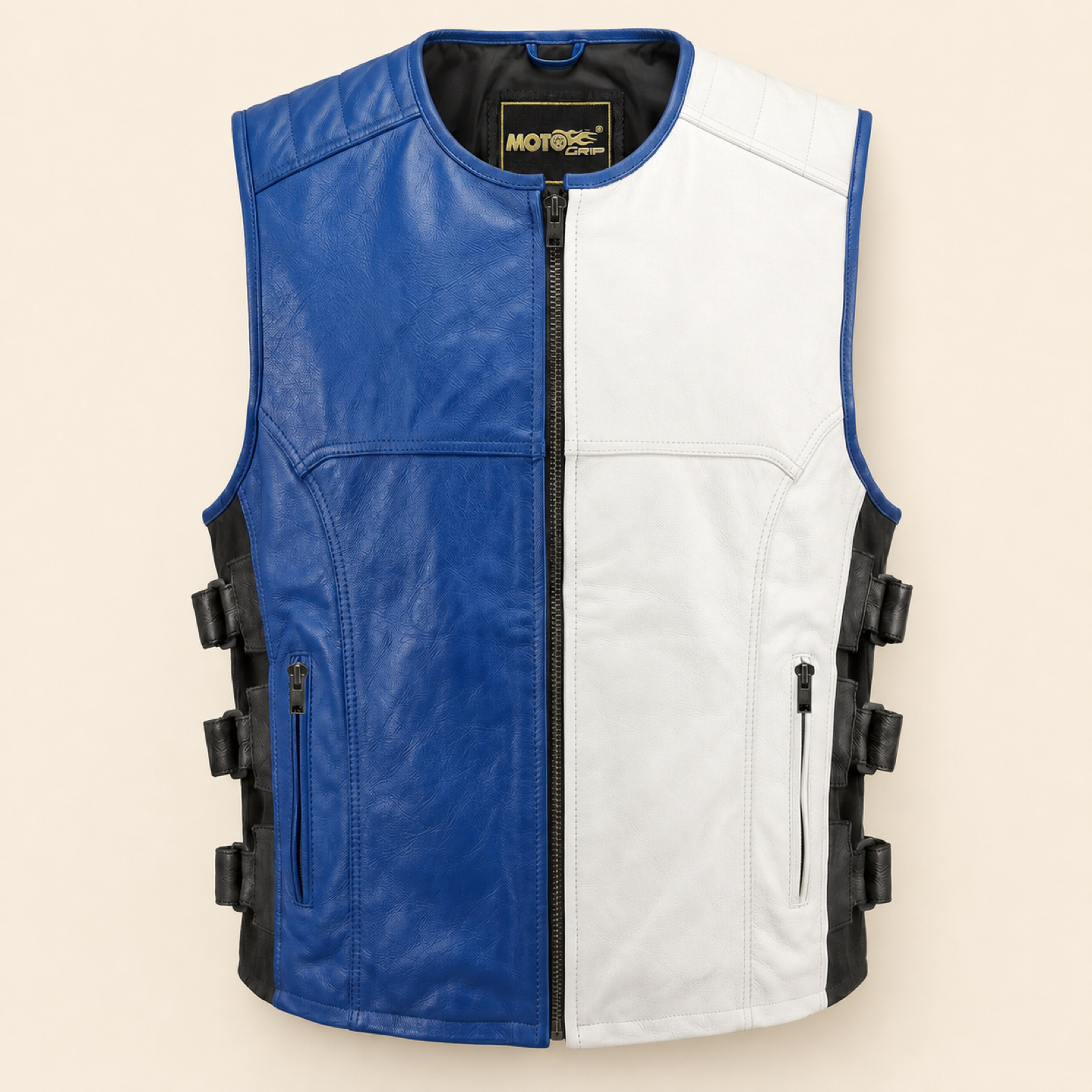Men's Blue & White Buckle-Side Cowhide Leather Motorcycle Vest image 3