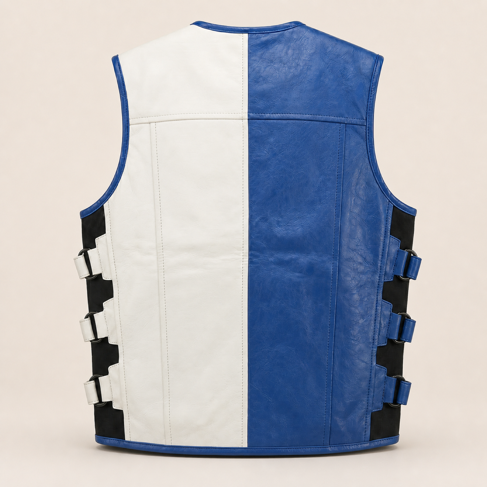 Men's Blue & White Buckle-Side Cowhide Leather Motorcycle Vest image 4