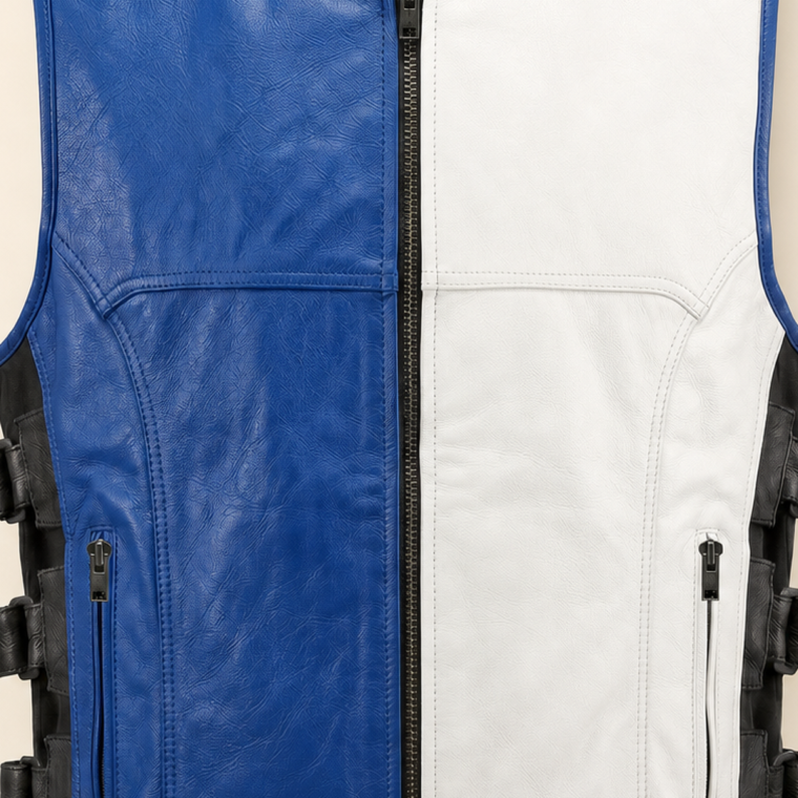 Men's Blue & White Buckle-Side Cowhide Leather Motorcycle Vest image 5