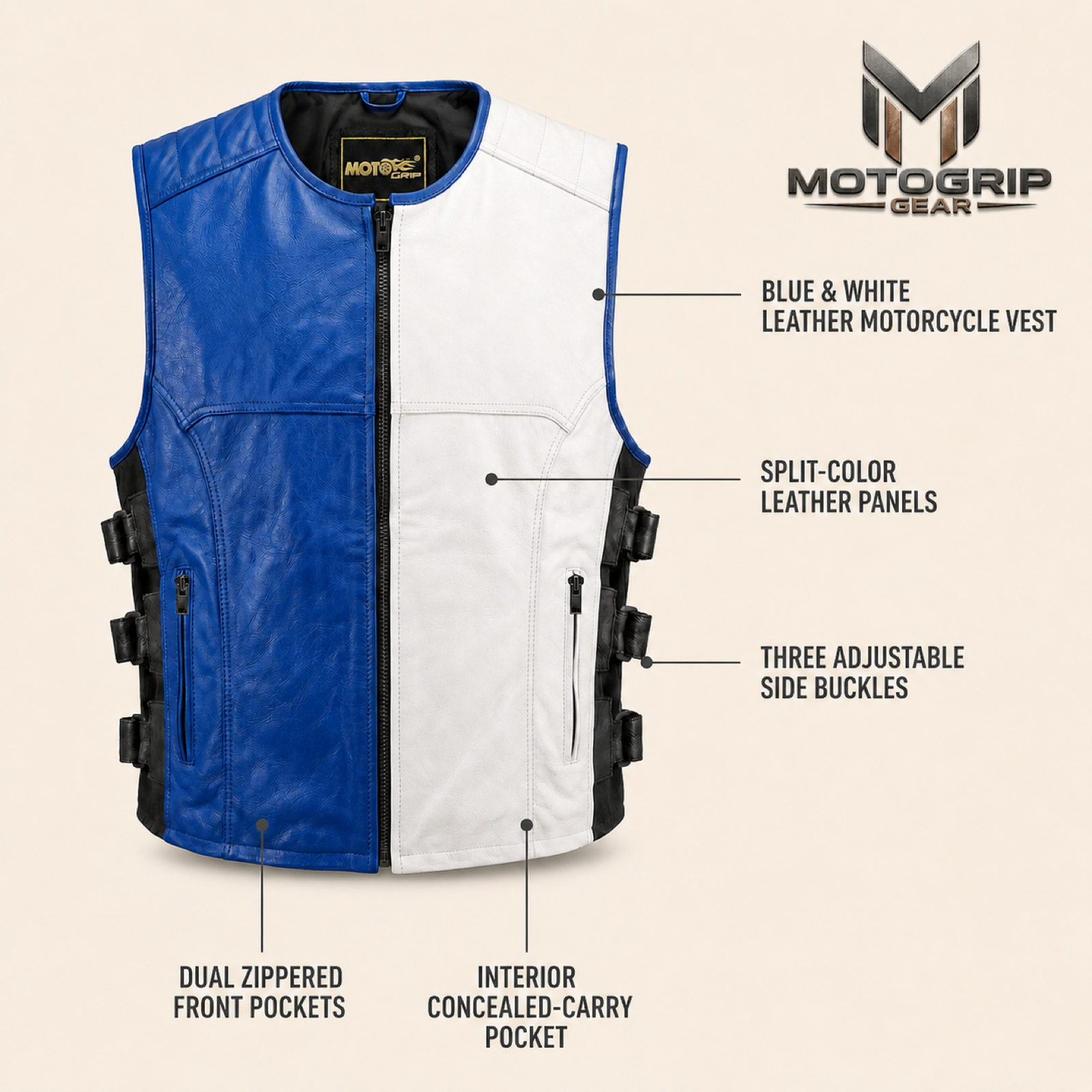Men's Blue & White Buckle-Side Cowhide Leather Motorcycle Vest image 6