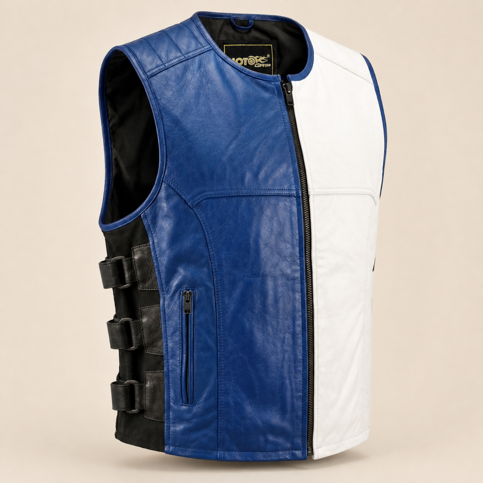 Men's Blue & White Buckle-Side Cowhide Leather Motorcycle Vest image 7