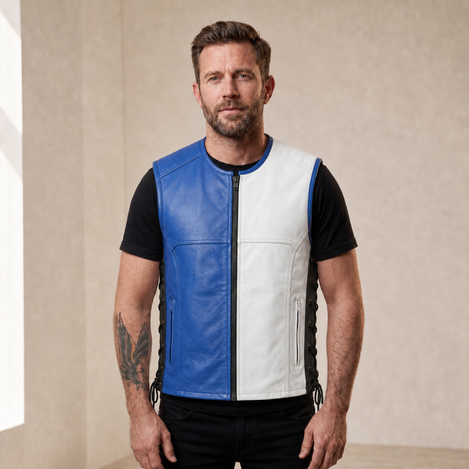 Man wearing a blue, white and black lace-side cowhide leather motorcycle vest from the front.
