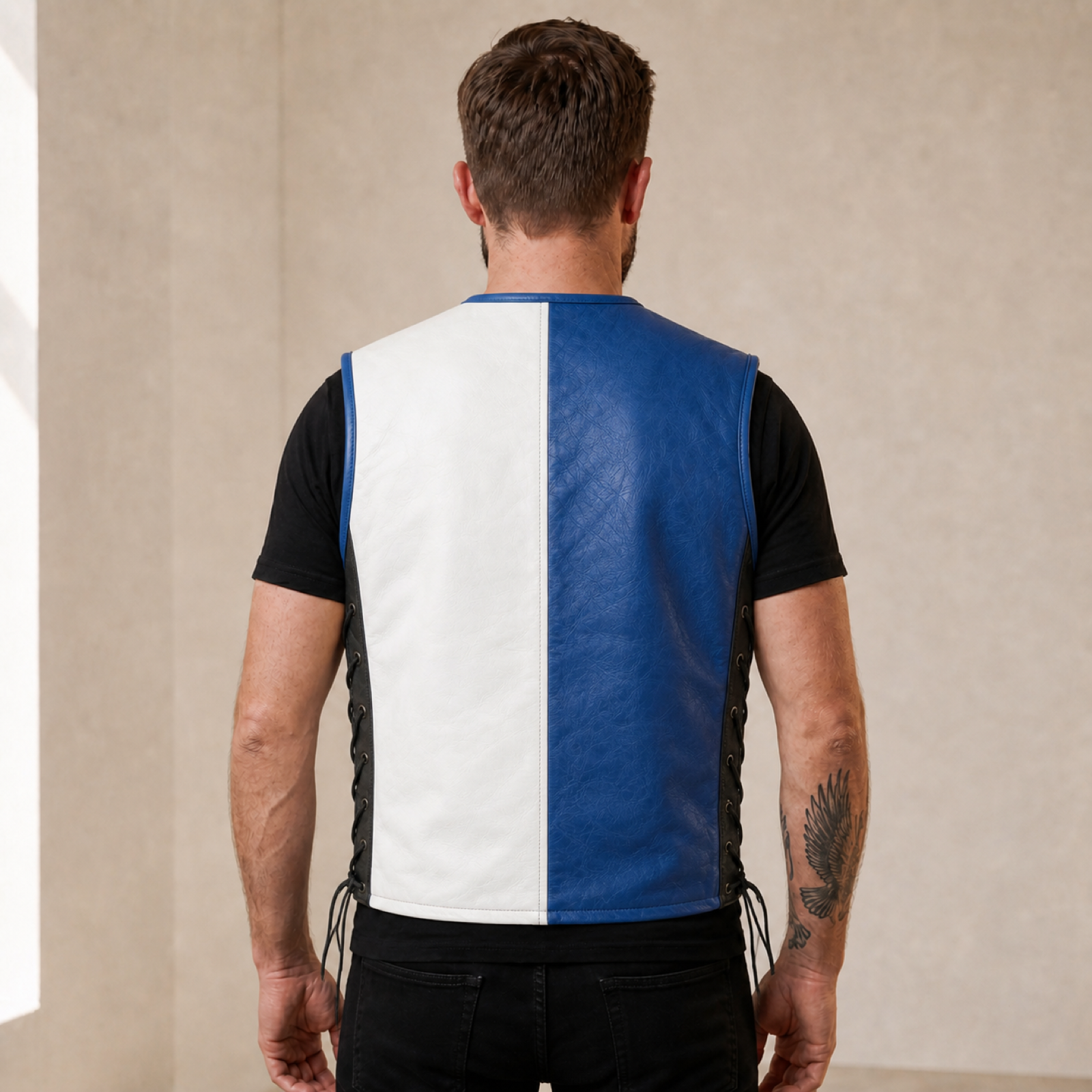 Men's Blue & White Lace-Side Cowhide Leather Motorcycle Vest image 2