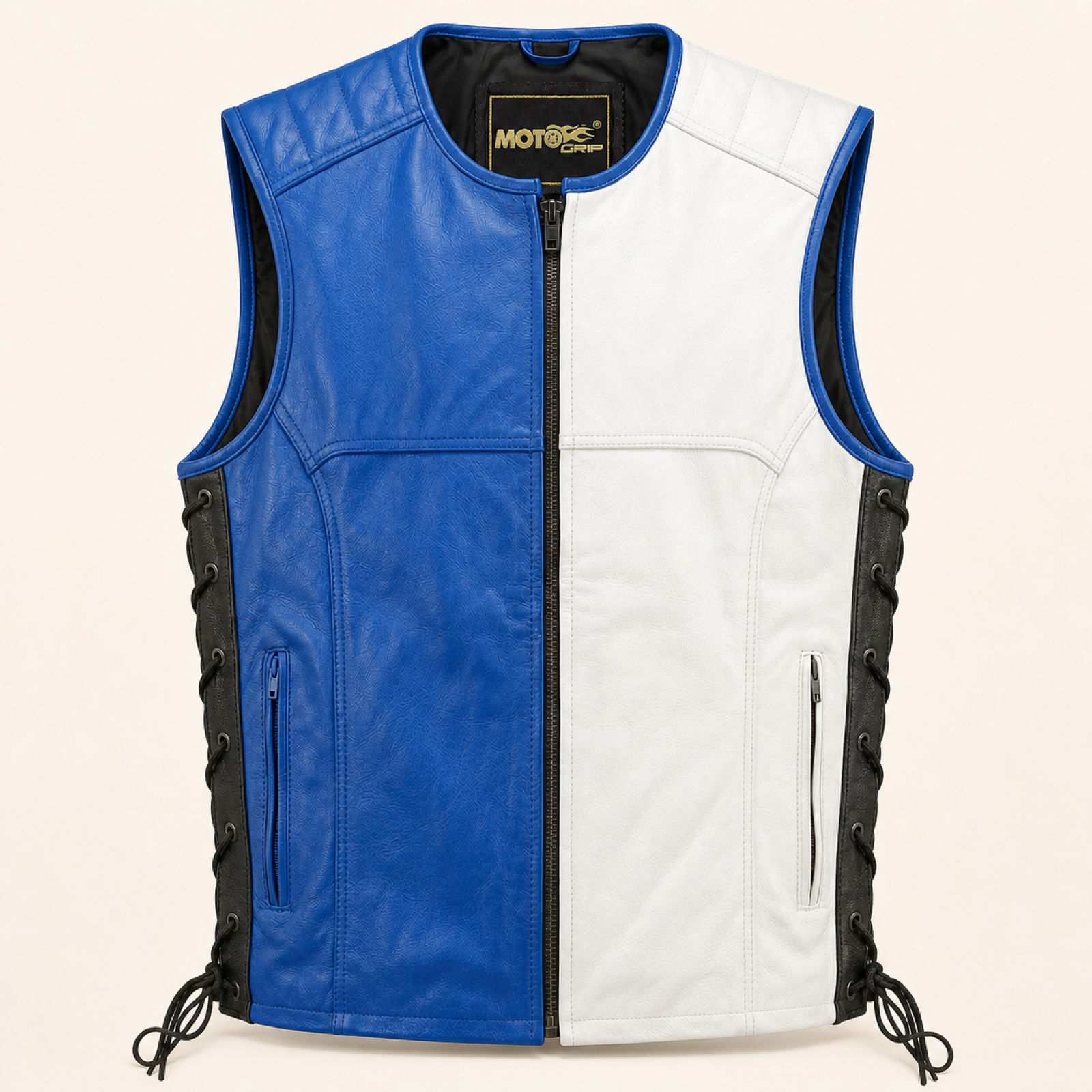 Men's Blue & White Lace-Side Cowhide Leather Motorcycle Vest image 3
